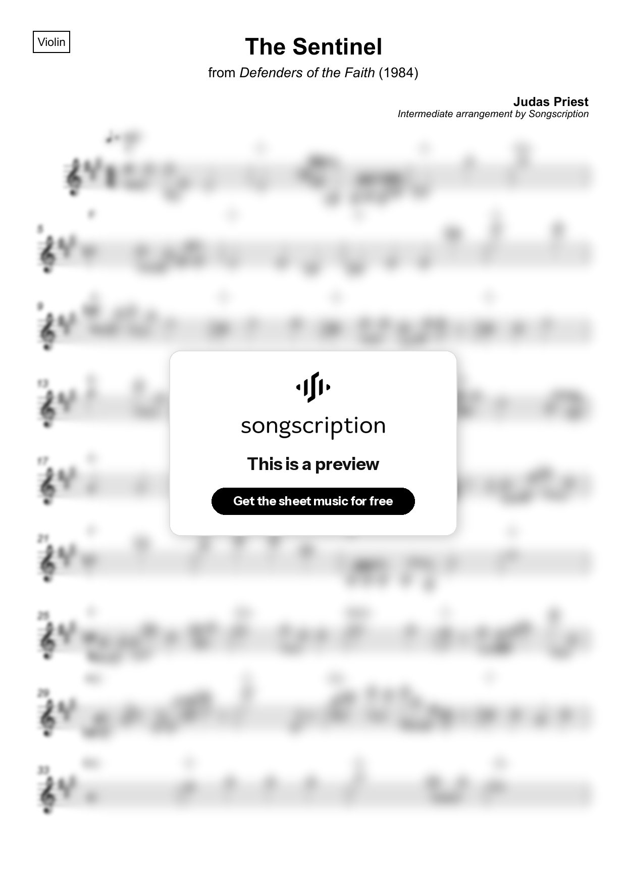 Intermediate Violin Sheet Music for "The Sentinel" by Judas Priest