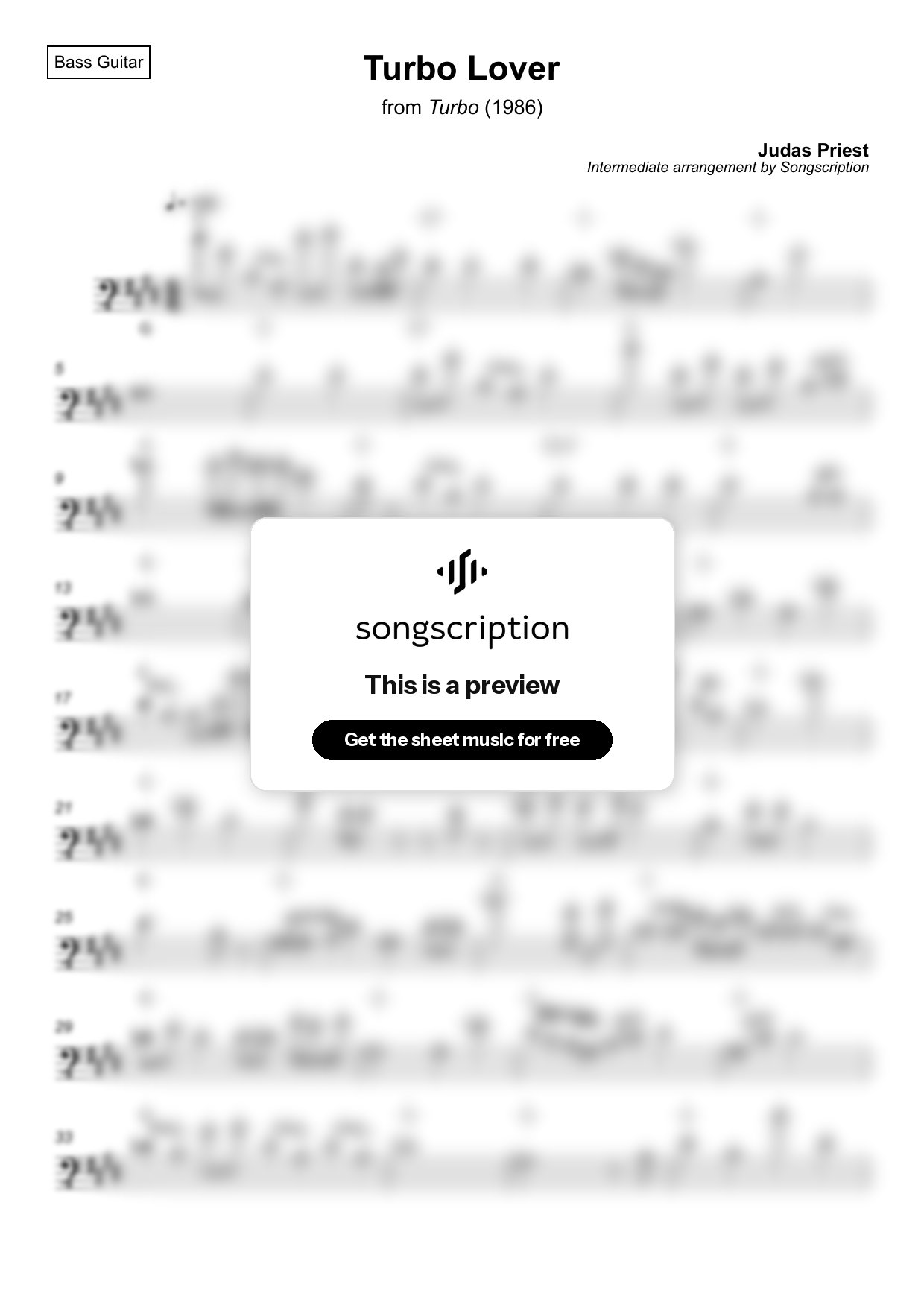 Intermediate Bass Guitar Sheet Music for "Turbo Lover" by Judas Priest