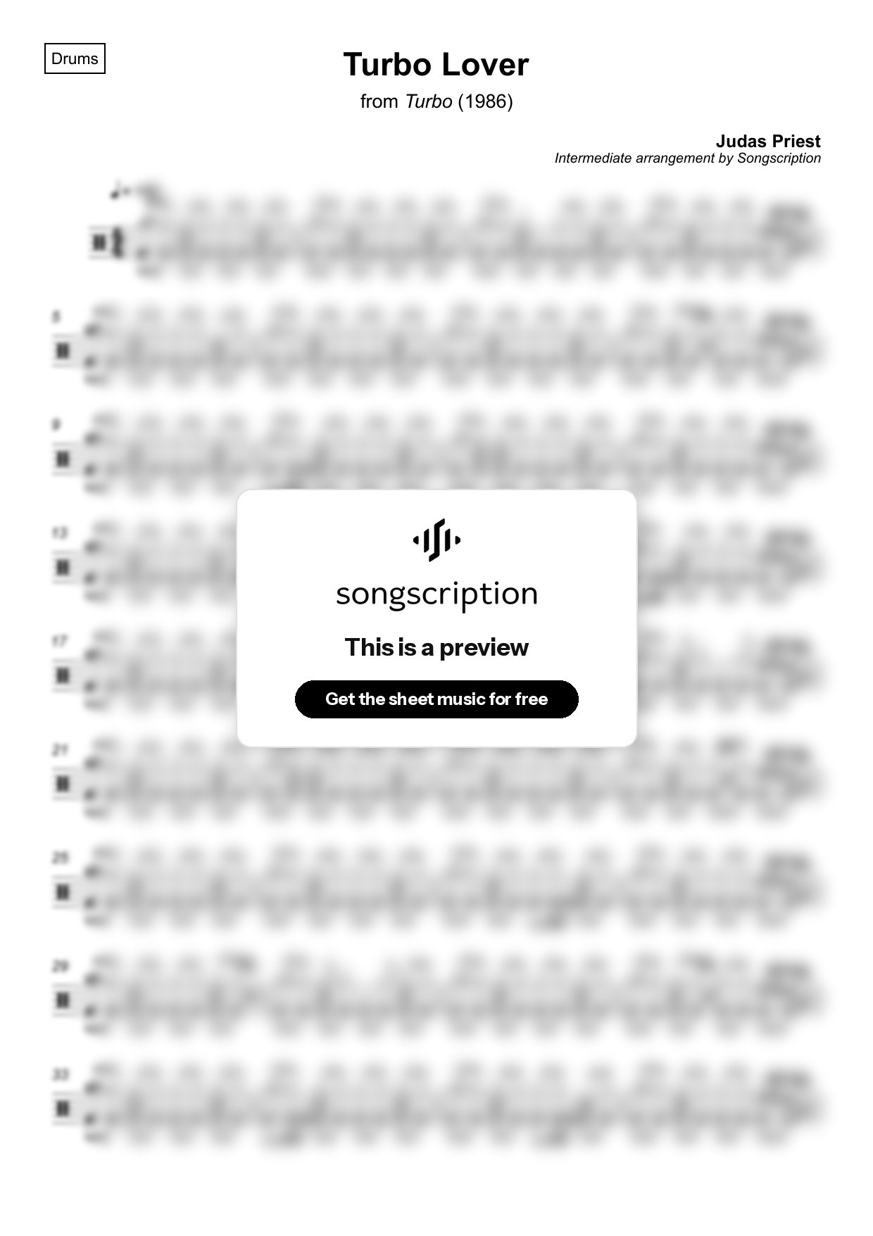 Intermediate Drums Sheet Music for "Turbo Lover" by Judas Priest