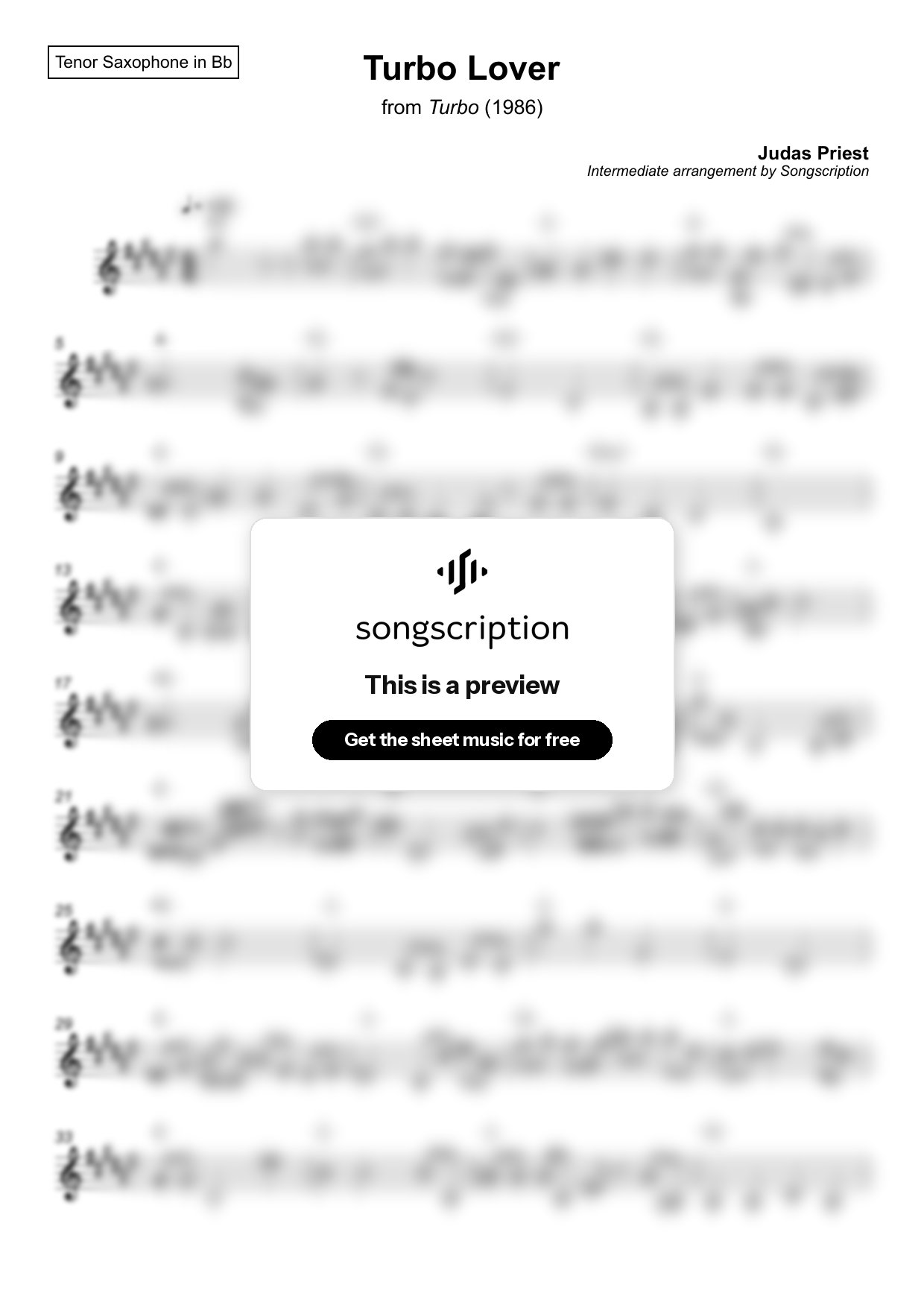 Intermediate Tenor Sax Sheet Music for "Turbo Lover" by Judas Priest