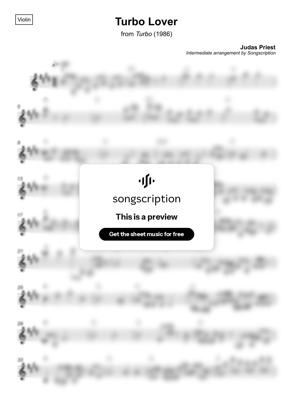 Intermediate Violin Sheet Music for "Turbo Lover" by Judas Priest