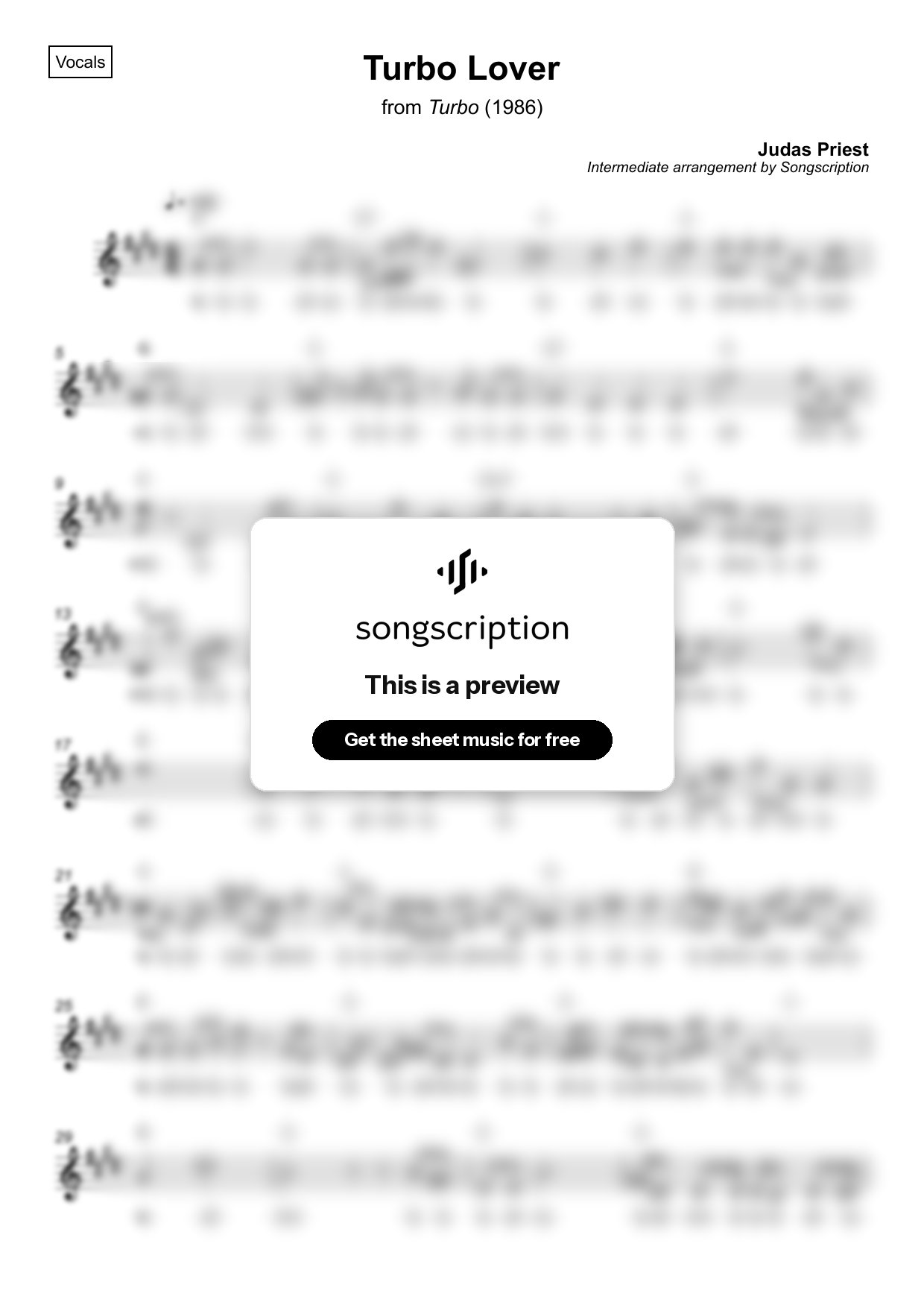Intermediate Vocals Sheet Music for "Turbo Lover" by Judas Priest