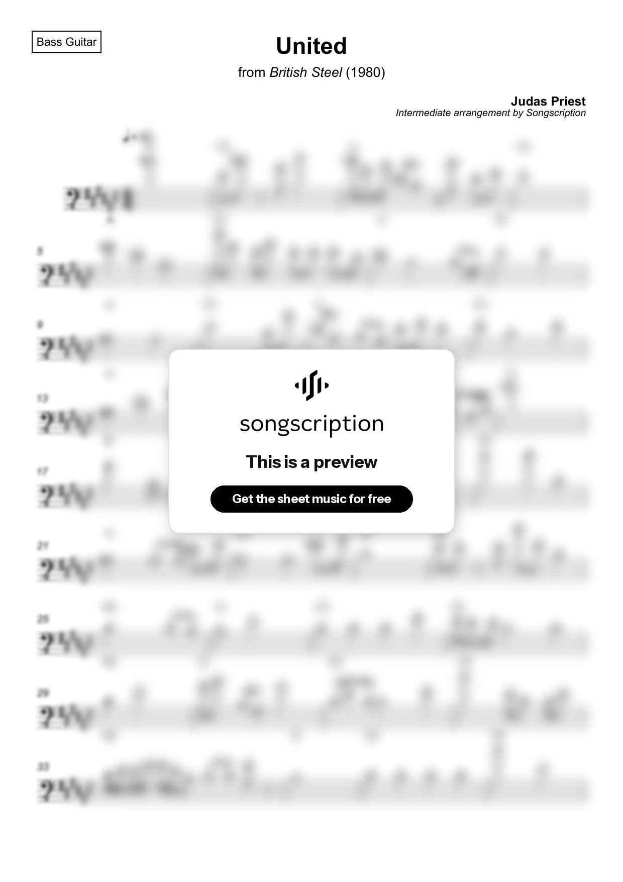 Intermediate Bass Guitar Sheet Music for "United" by Judas Priest
