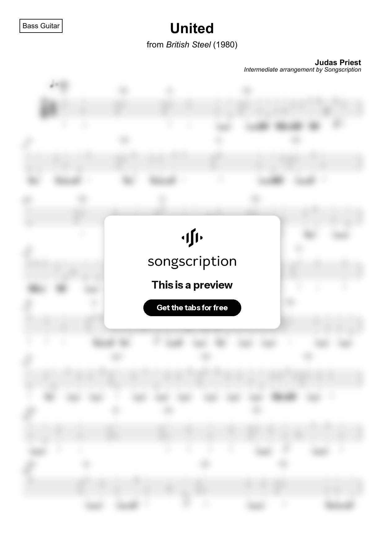 Intermediate Bass Guitar Tabs for "United" by Judas Priest