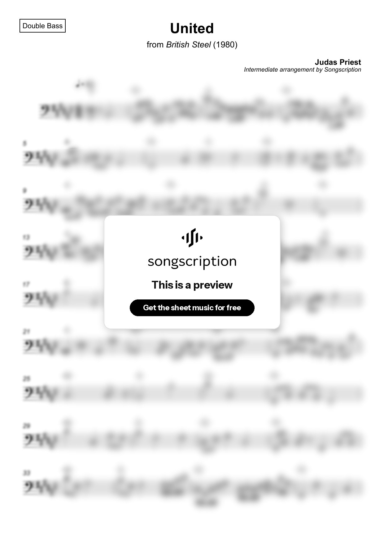 Intermediate Double Bass Sheet Music for "United" by Judas Priest