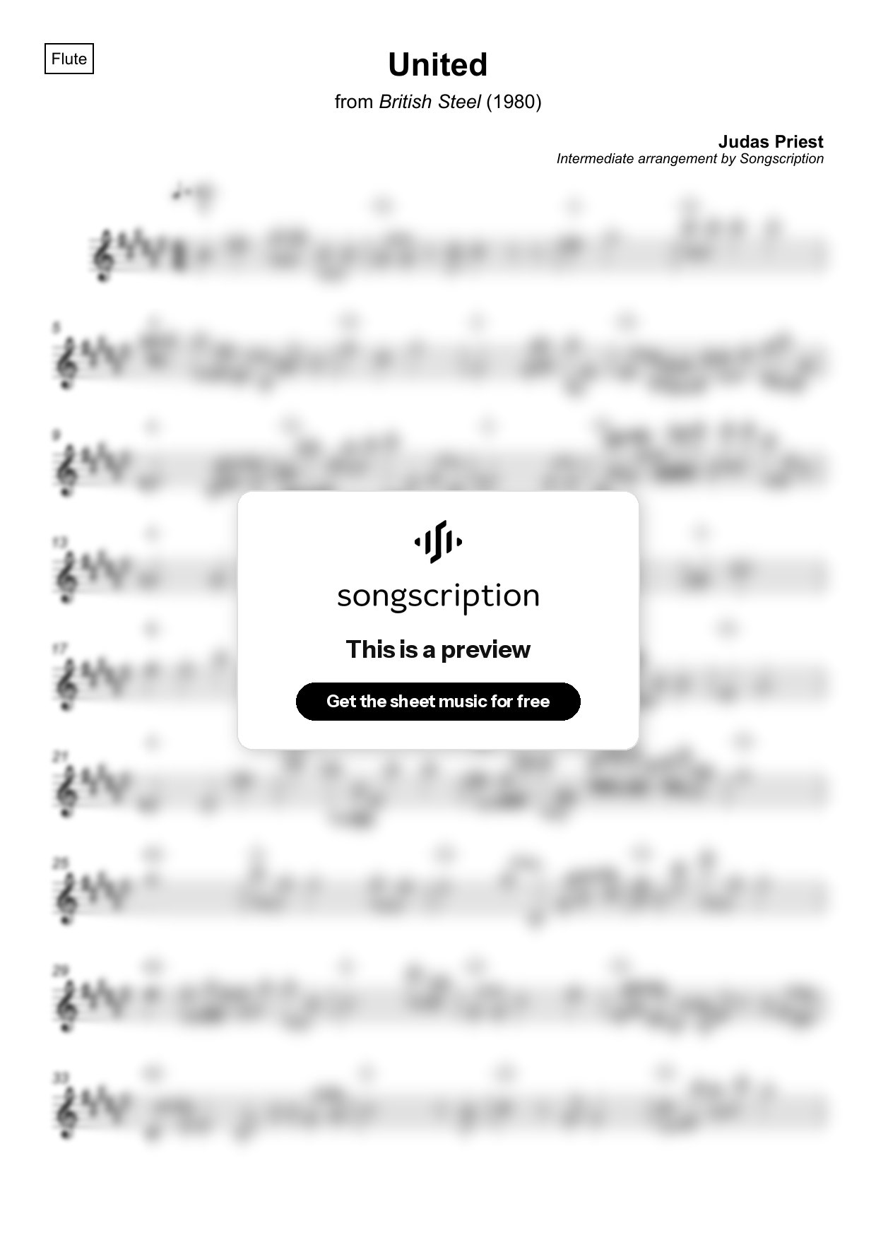 Intermediate Flute Sheet Music for "United" by Judas Priest