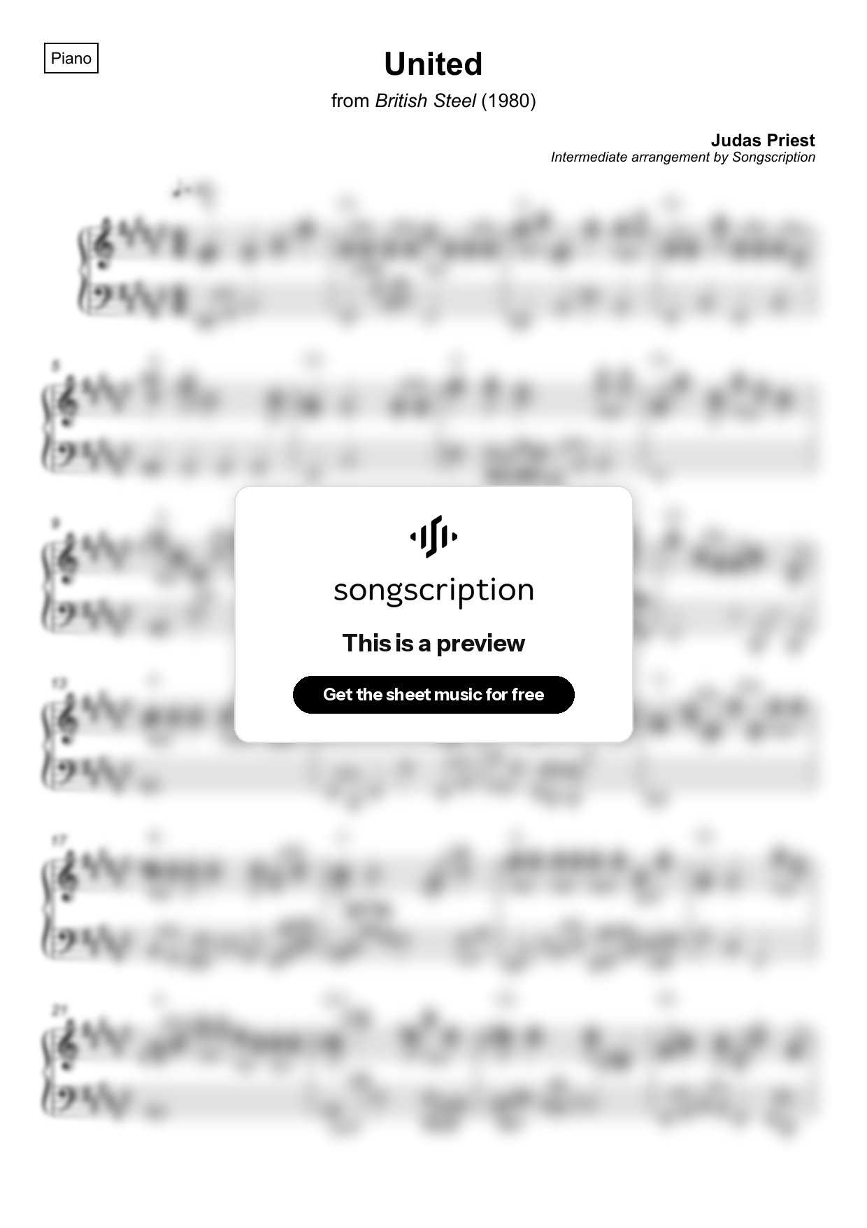 Intermediate Piano Sheet Music for "United" by Judas Priest