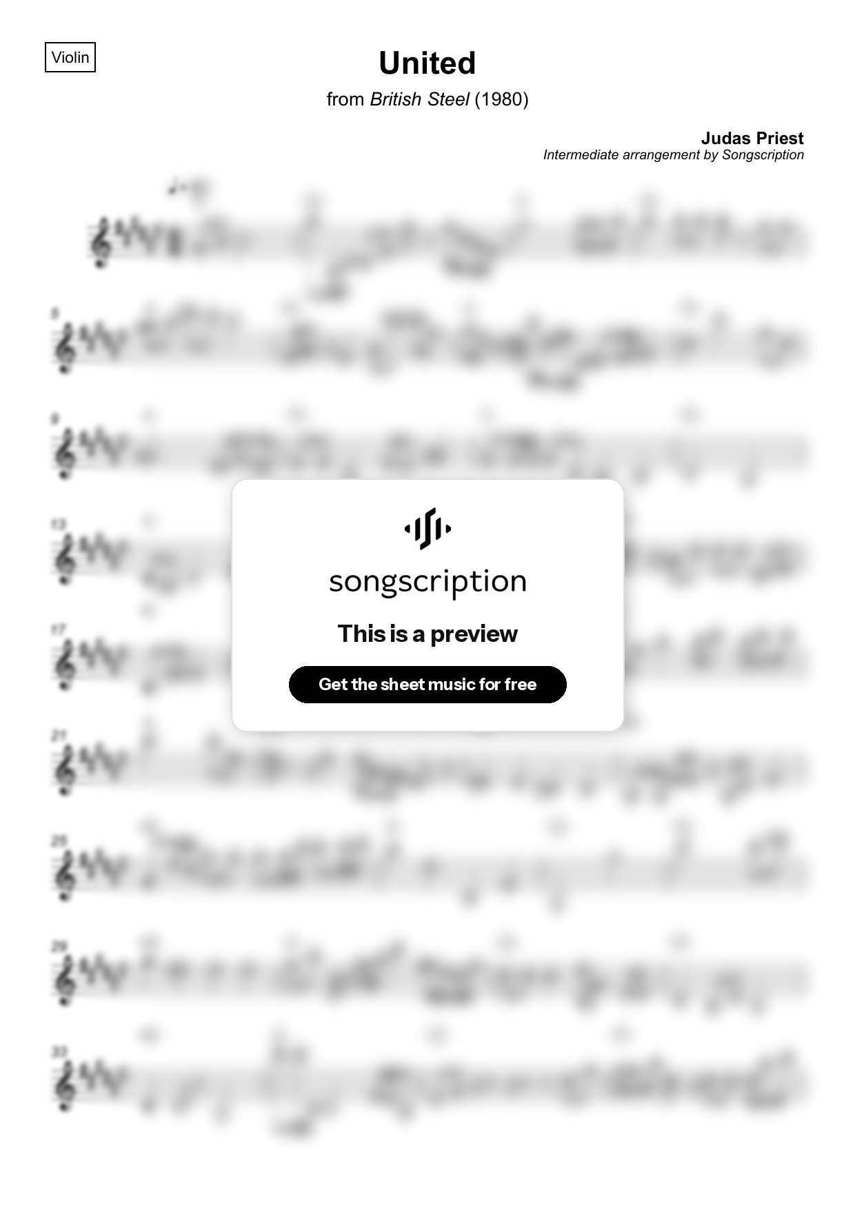 Intermediate Violin Sheet Music for "United" by Judas Priest