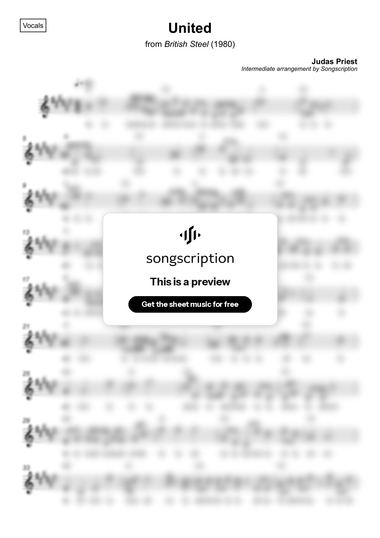 Intermediate Vocals Sheet Music for "United" by Judas Priest