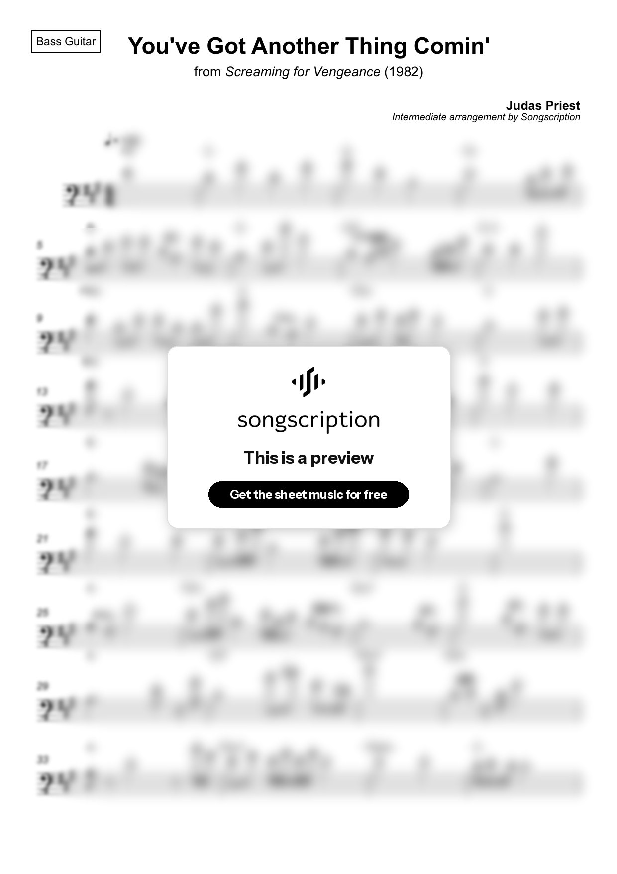 Intermediate Bass Guitar Sheet Music for "You've Got Another Thing Comin'" by Judas Priest
