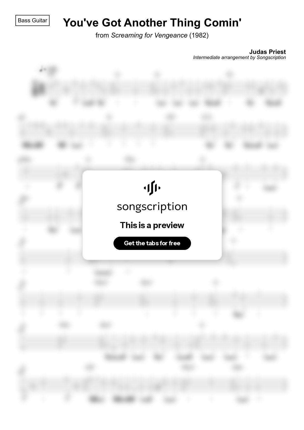 Intermediate Bass Guitar Tabs for "You've Got Another Thing Comin'" by Judas Priest
