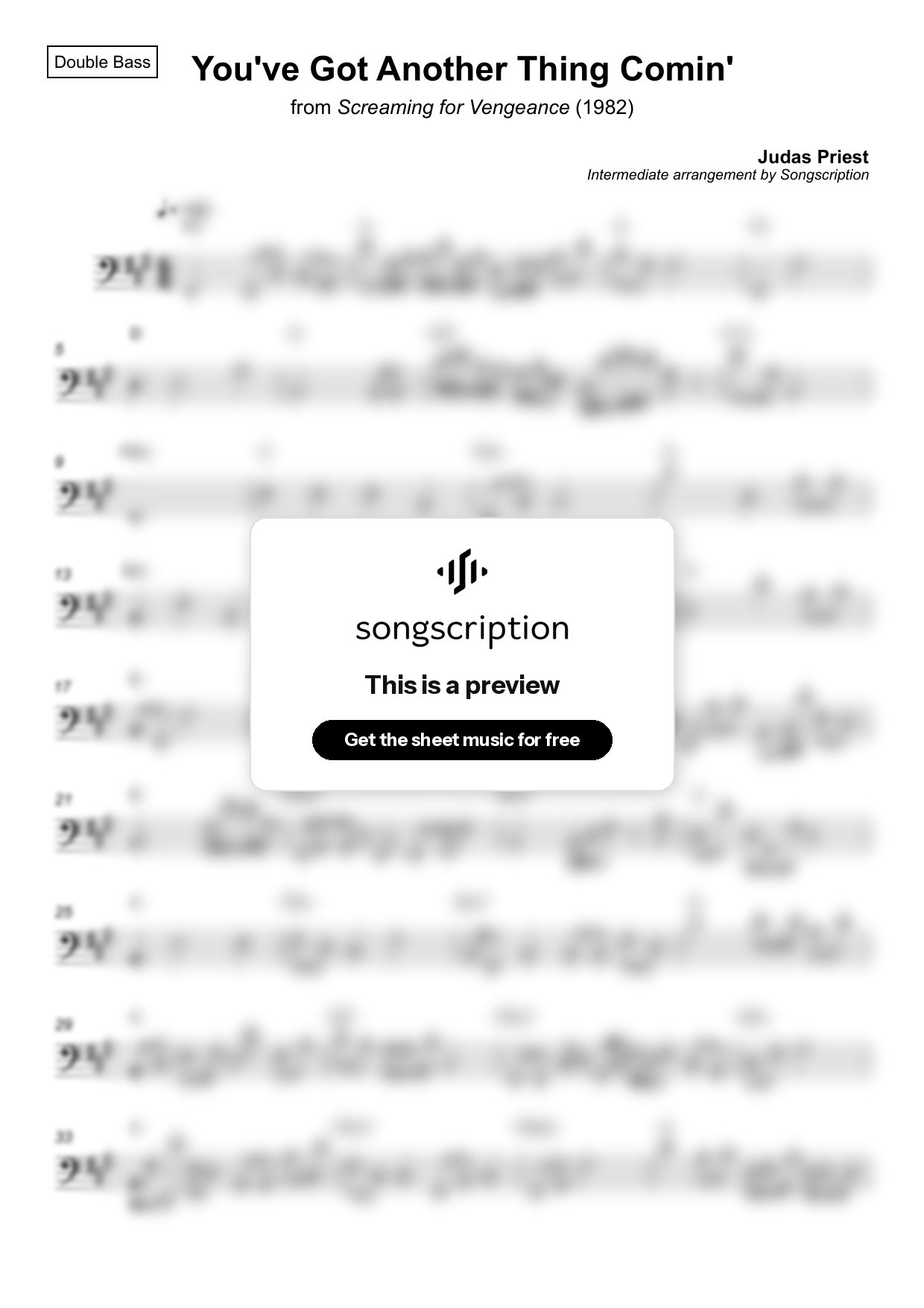 Intermediate Double Bass Sheet Music for "You've Got Another Thing Comin'" by Judas Priest