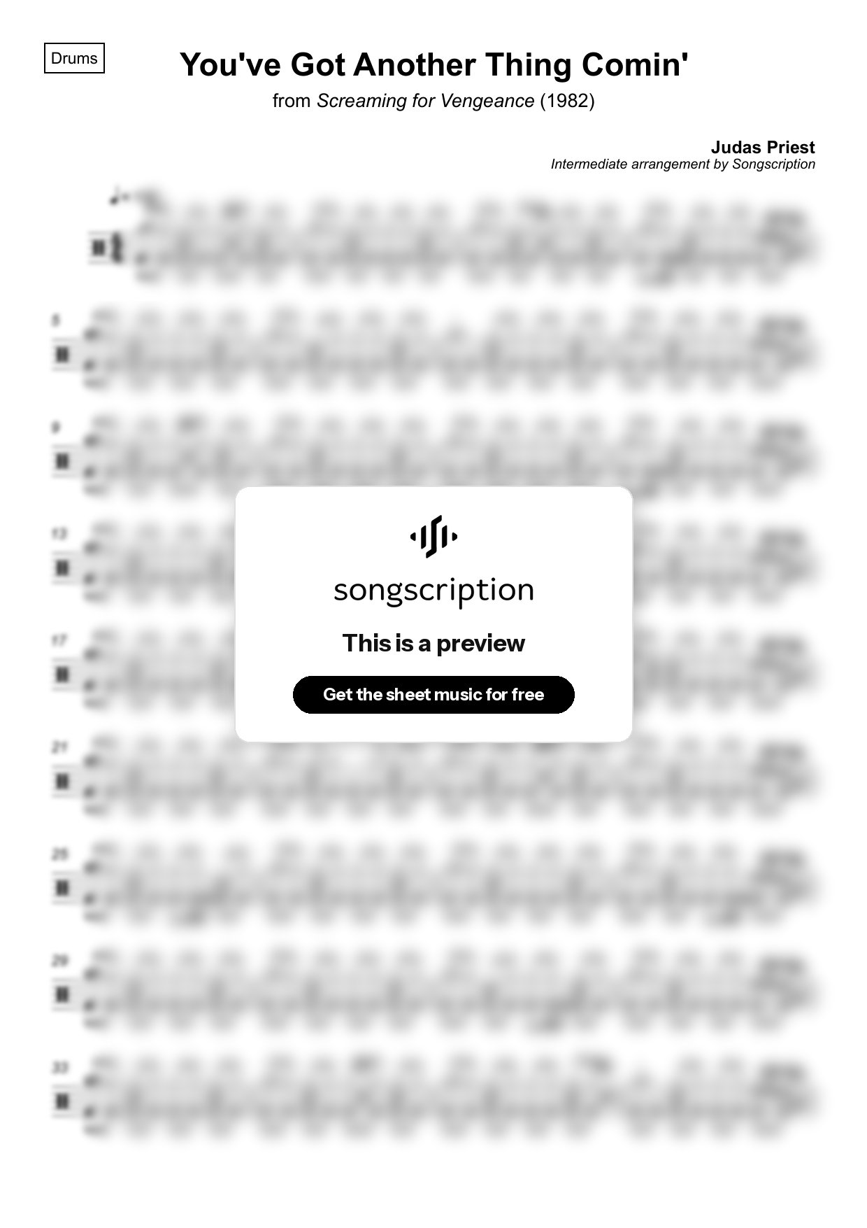 Intermediate Drums Sheet Music for "You've Got Another Thing Comin'" by Judas Priest