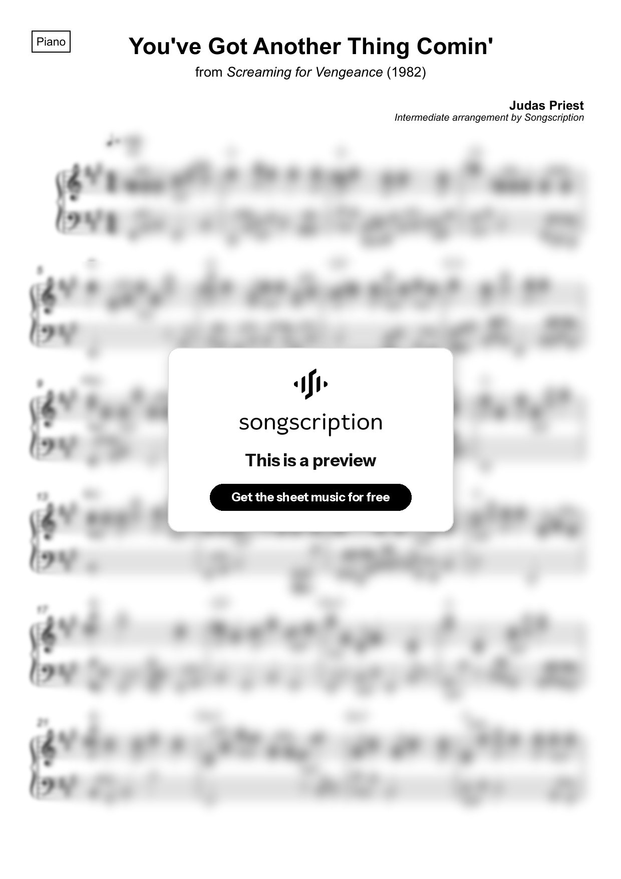 Intermediate Piano Sheet Music for "You've Got Another Thing Comin'" by Judas Priest