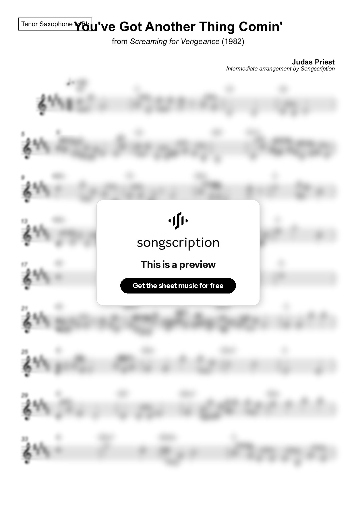 Intermediate Tenor Sax Sheet Music for "You've Got Another Thing Comin'" by Judas Priest