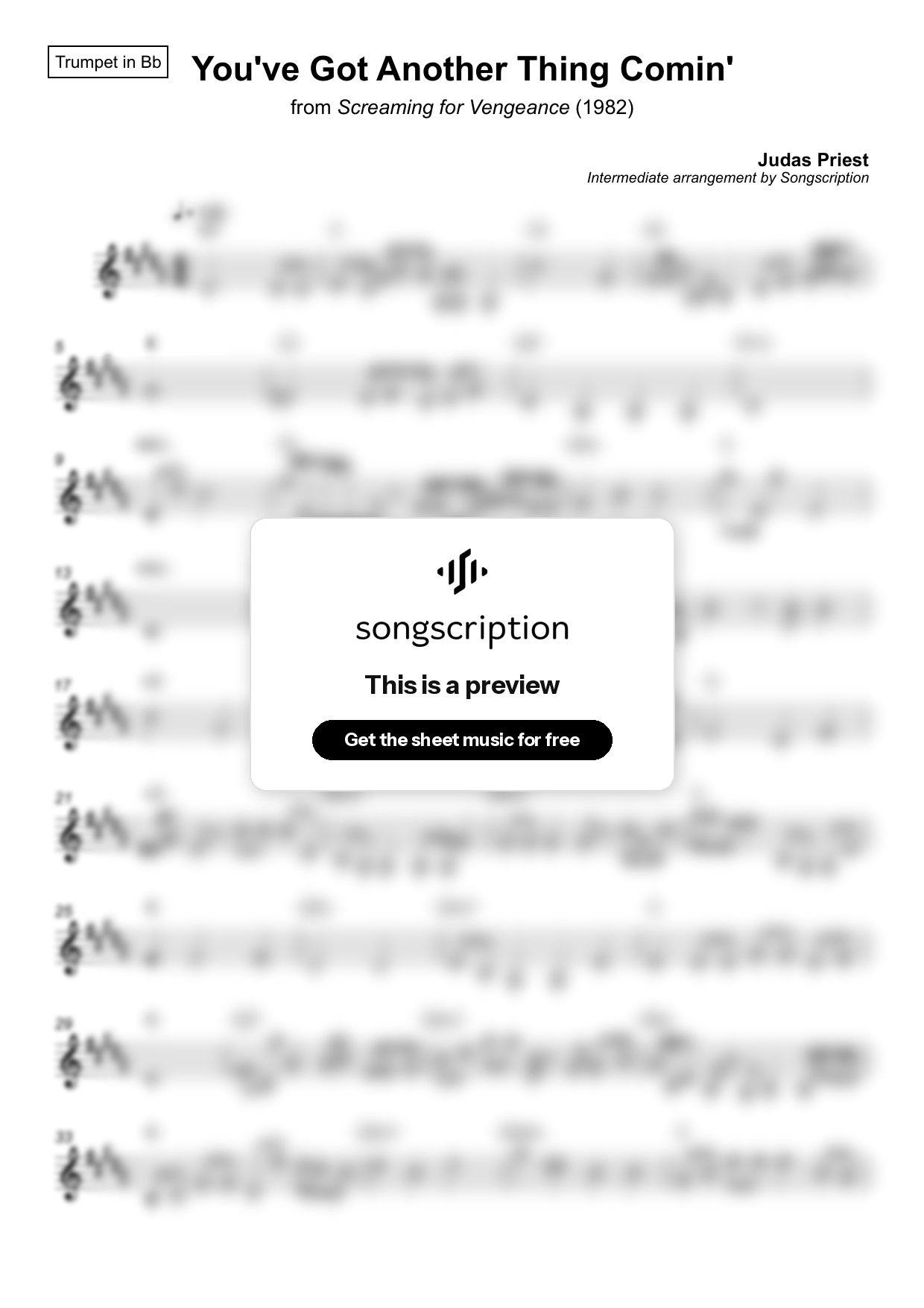 Intermediate Trumpet Sheet Music for "You've Got Another Thing Comin'" by Judas Priest
