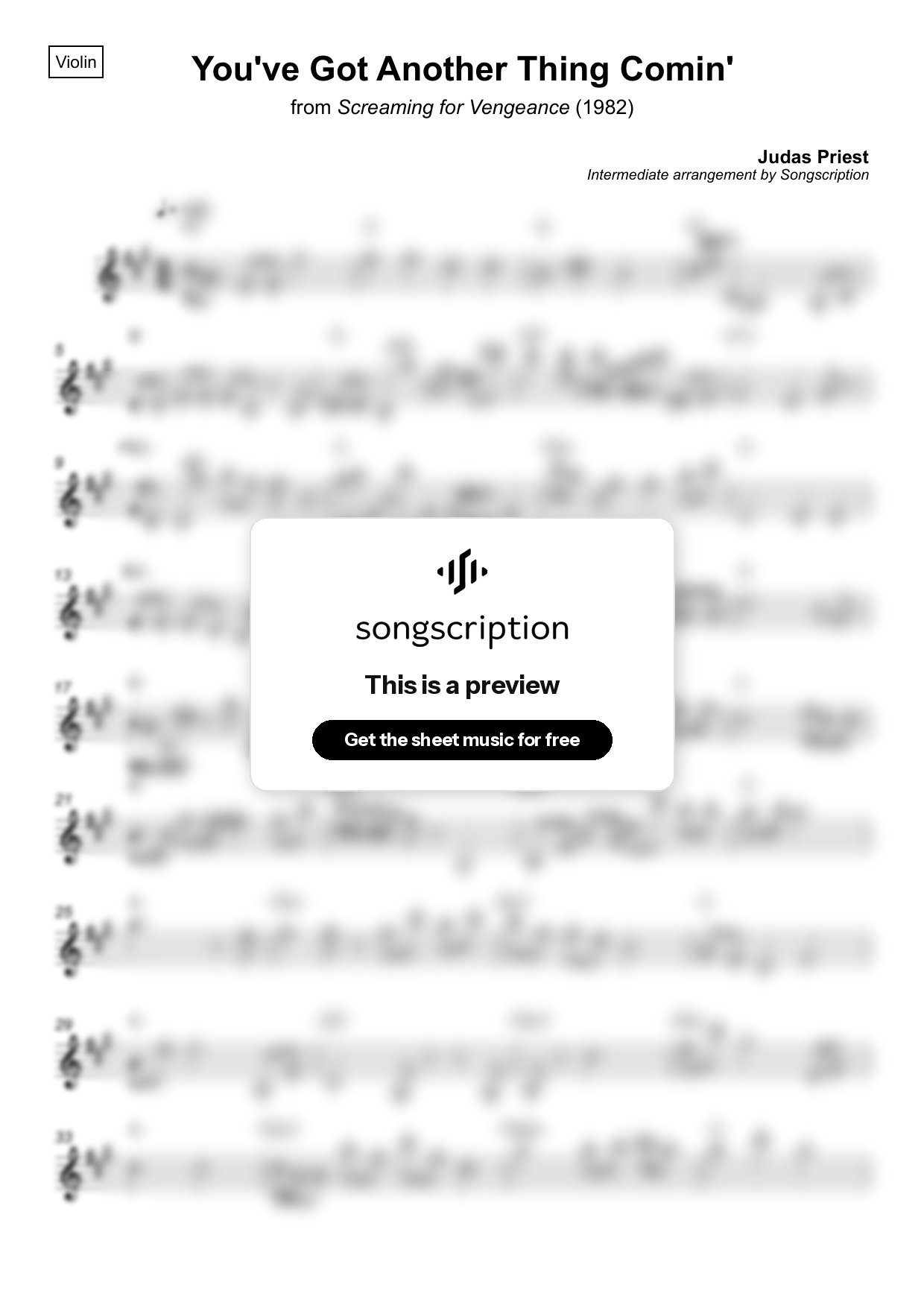 Intermediate Violin Sheet Music for "You've Got Another Thing Comin'" by Judas Priest