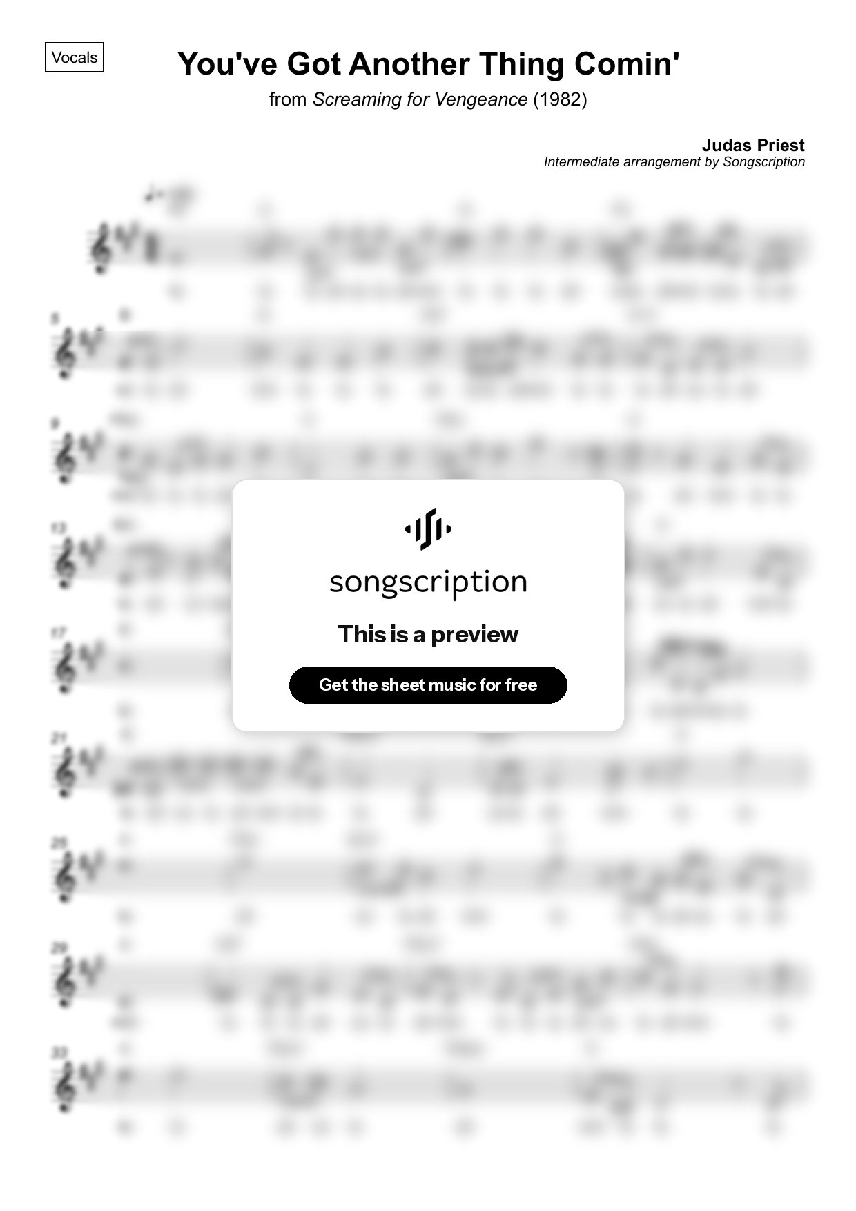 Intermediate Vocals Sheet Music for "You've Got Another Thing Comin'" by Judas Priest