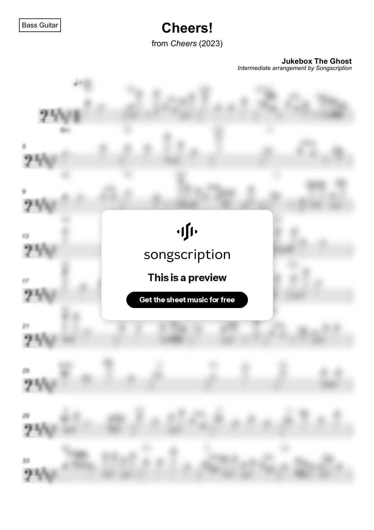 Intermediate Bass Guitar Sheet Music for "Cheers!" by Jukebox The Ghost