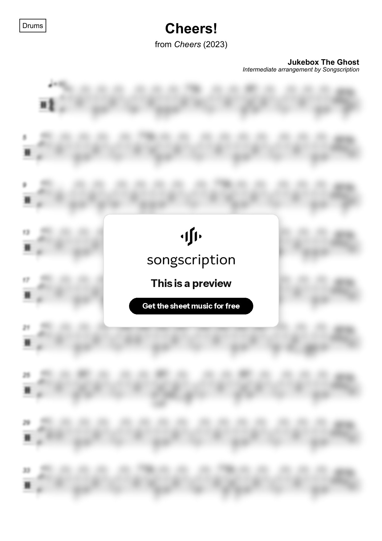 Intermediate Drums Sheet Music for "Cheers!" by Jukebox The Ghost