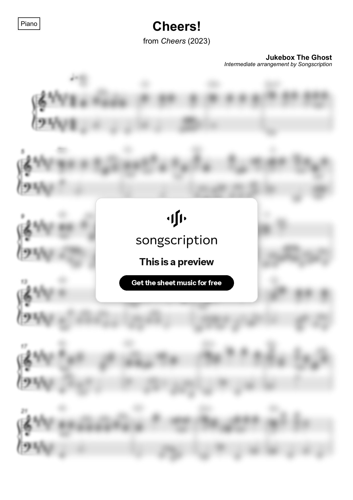 Intermediate Piano Sheet Music for "Cheers!" by Jukebox The Ghost