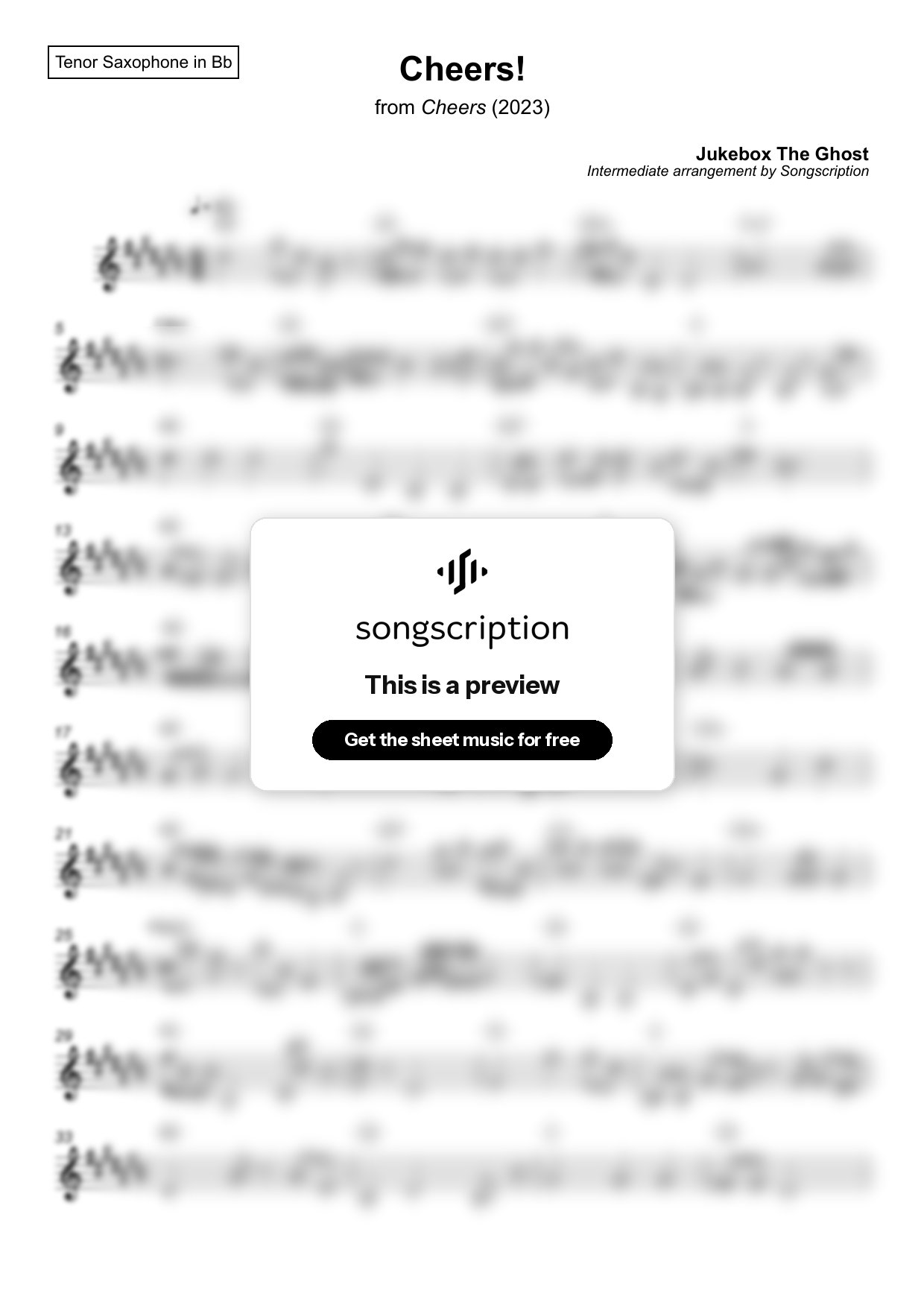 Intermediate Tenor Sax Sheet Music for "Cheers!" by Jukebox The Ghost