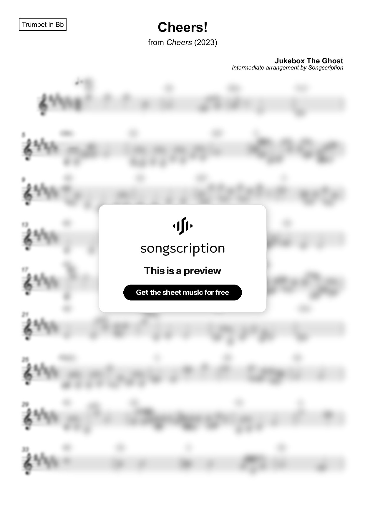 Intermediate Trumpet Sheet Music for "Cheers!" by Jukebox The Ghost