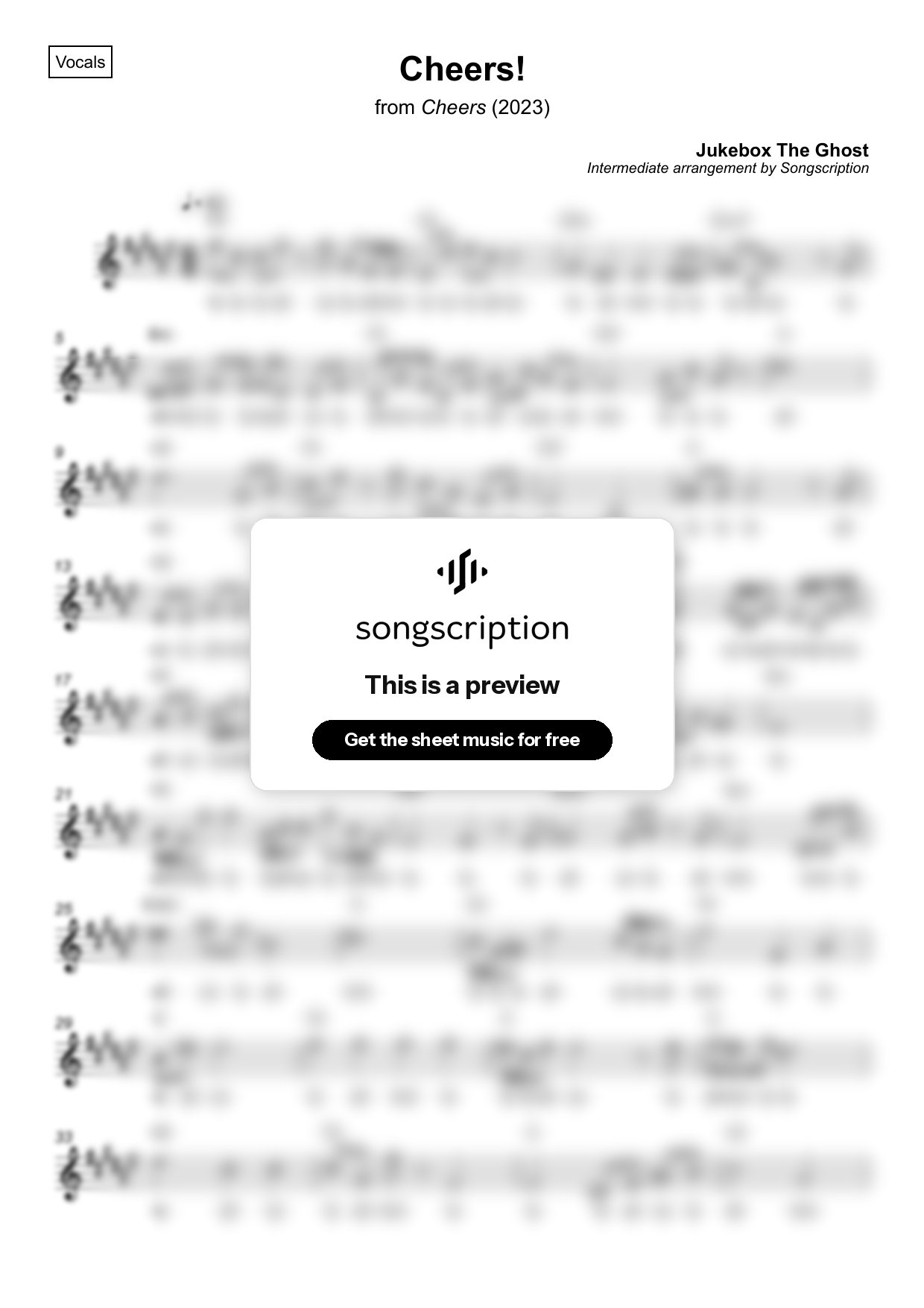 Intermediate Vocals Sheet Music for "Cheers!" by Jukebox The Ghost