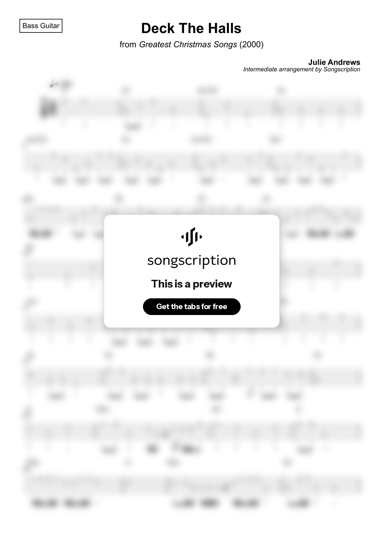 Intermediate Bass Guitar Tabs for "Deck The Halls" by Julie Andrews
