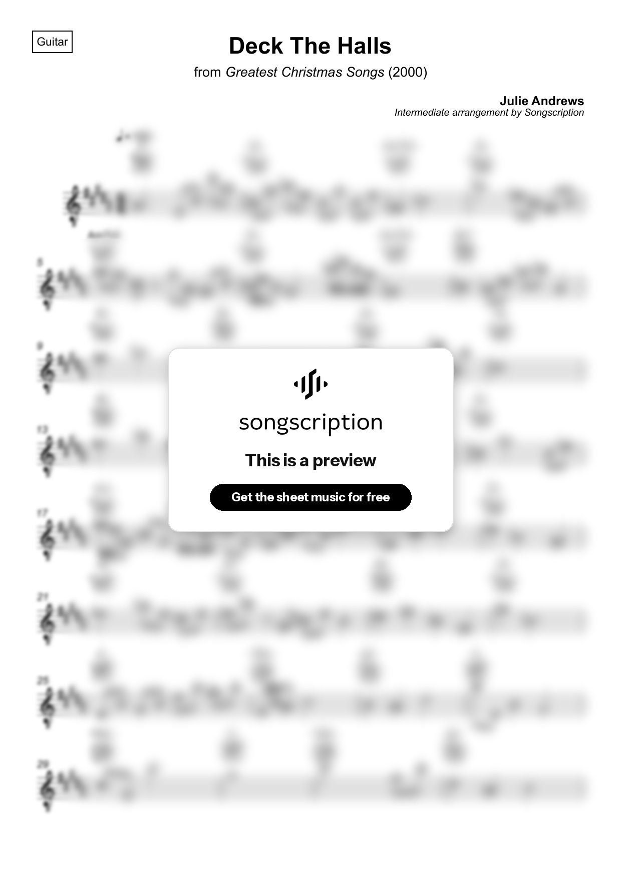 Intermediate Acoustic Guitar Sheet Music for "Deck The Halls" by Julie Andrews