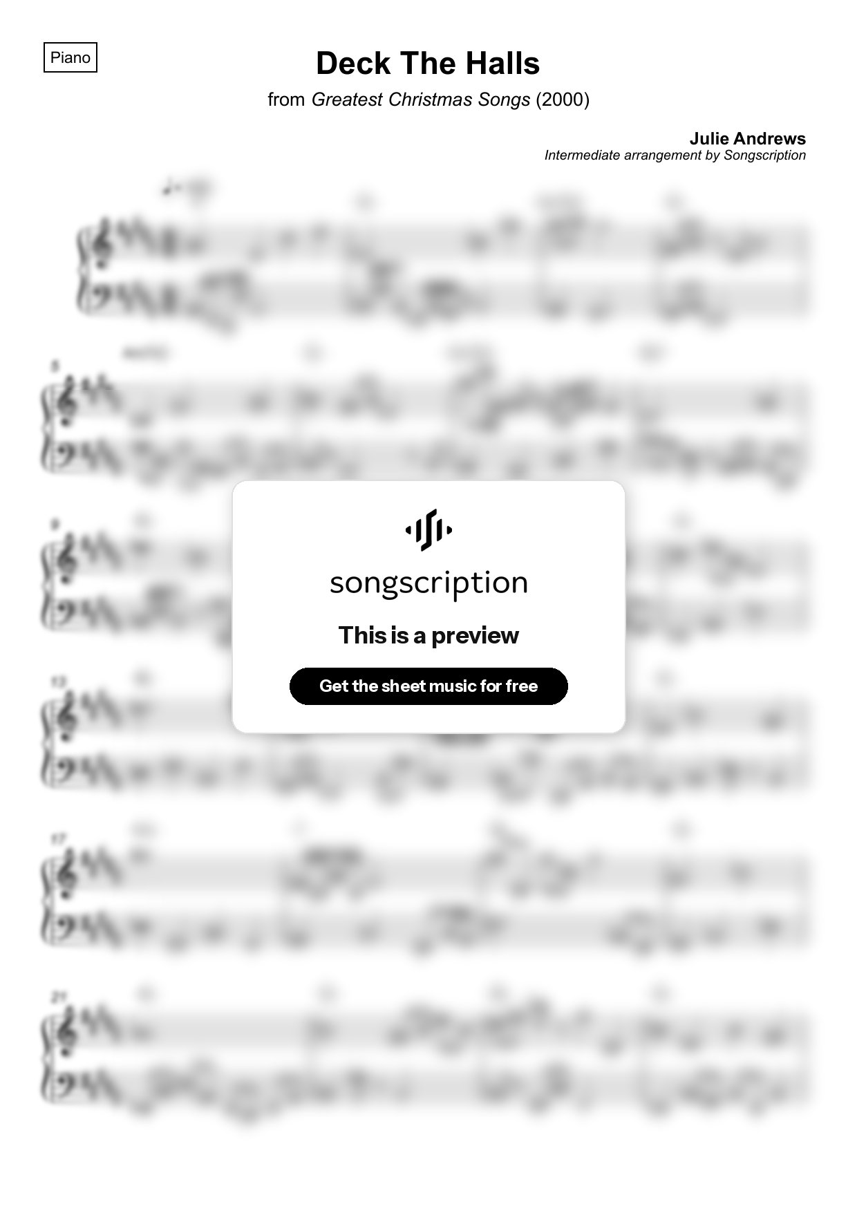 Intermediate Piano Sheet Music for "Deck The Halls" by Julie Andrews