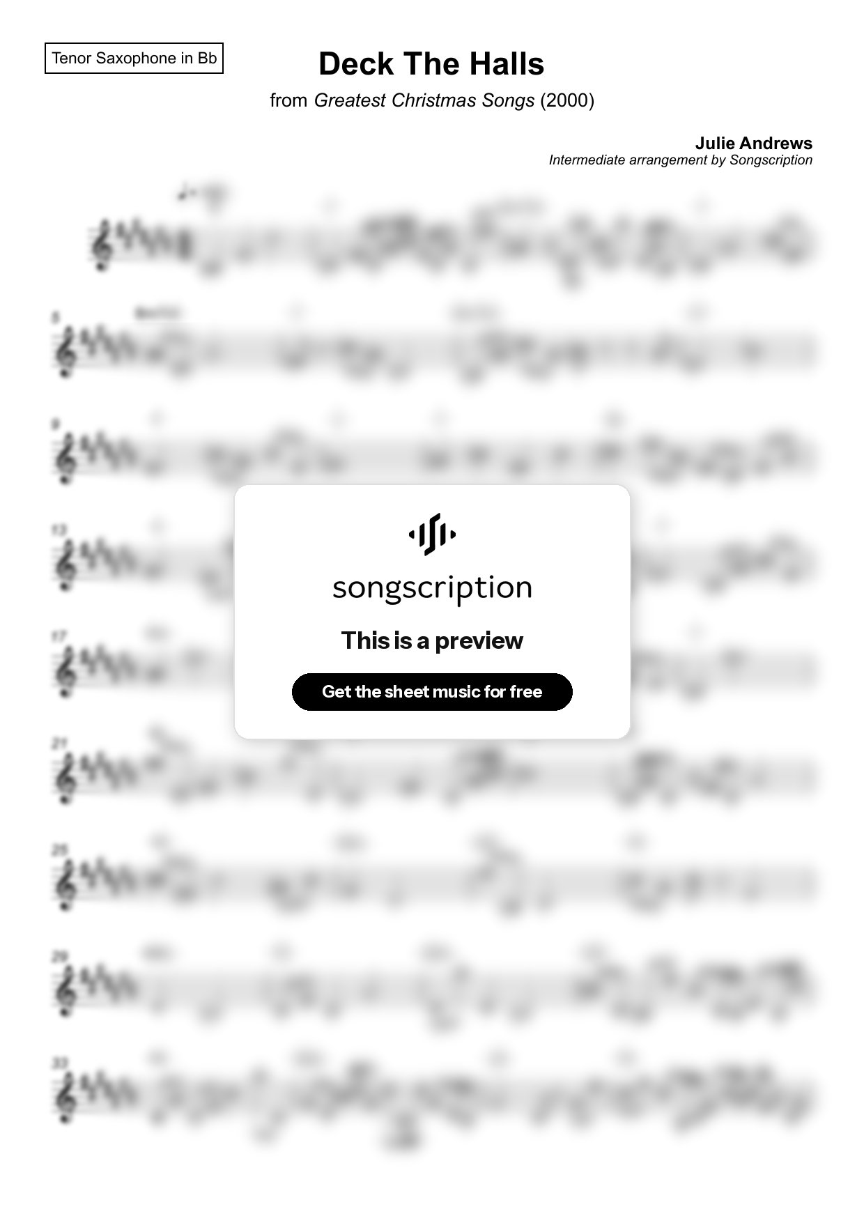 Intermediate Tenor Sax Sheet Music for "Deck The Halls" by Julie Andrews