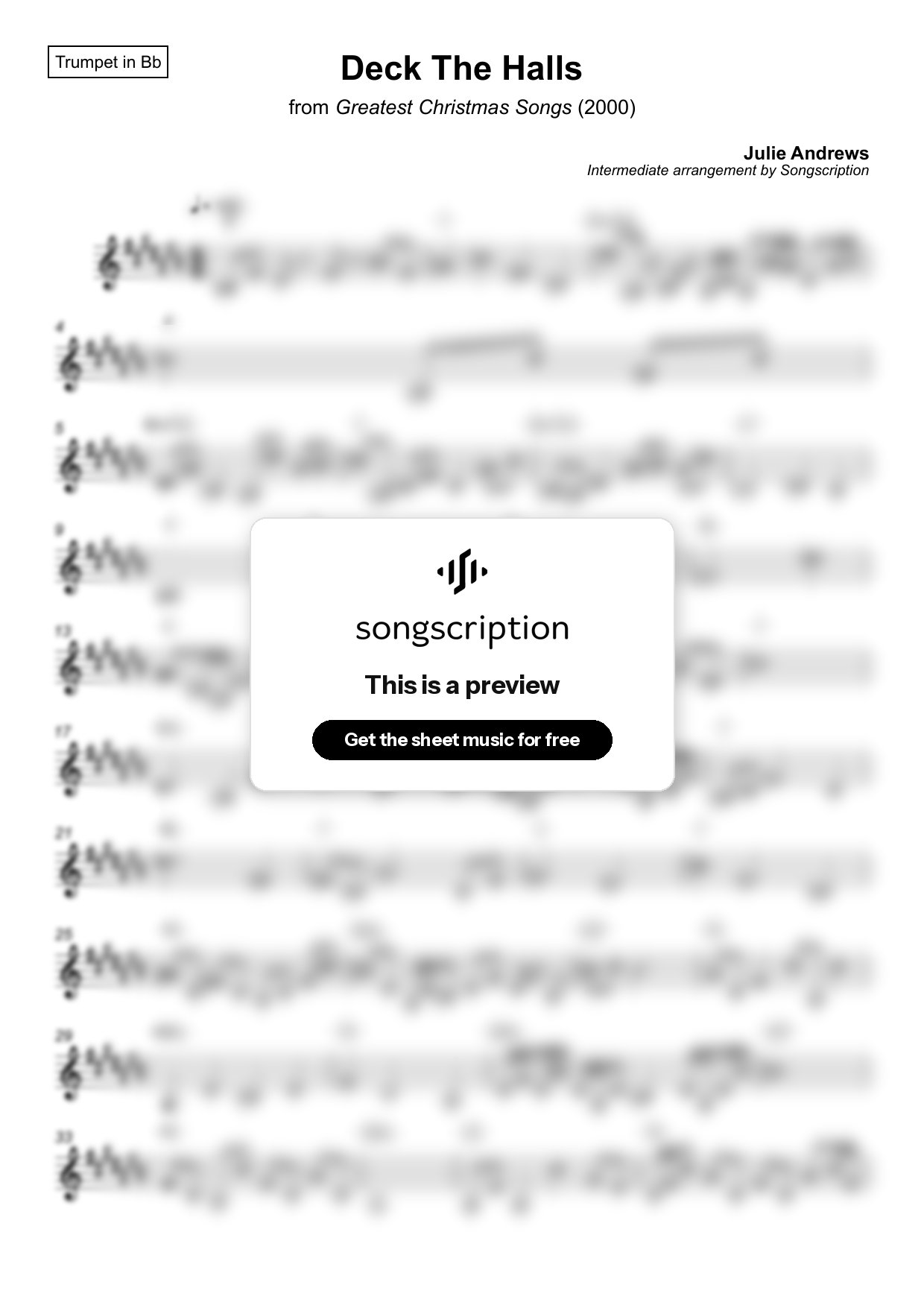 Intermediate Trumpet Sheet Music for "Deck The Halls" by Julie Andrews