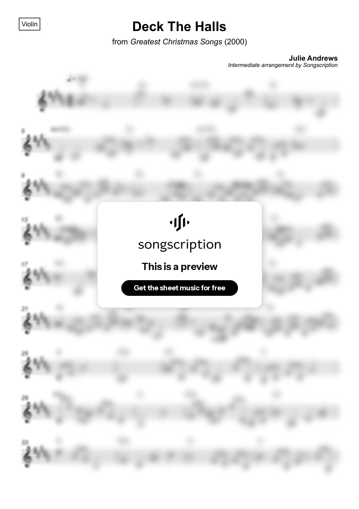 Intermediate Violin Sheet Music for "Deck The Halls" by Julie Andrews