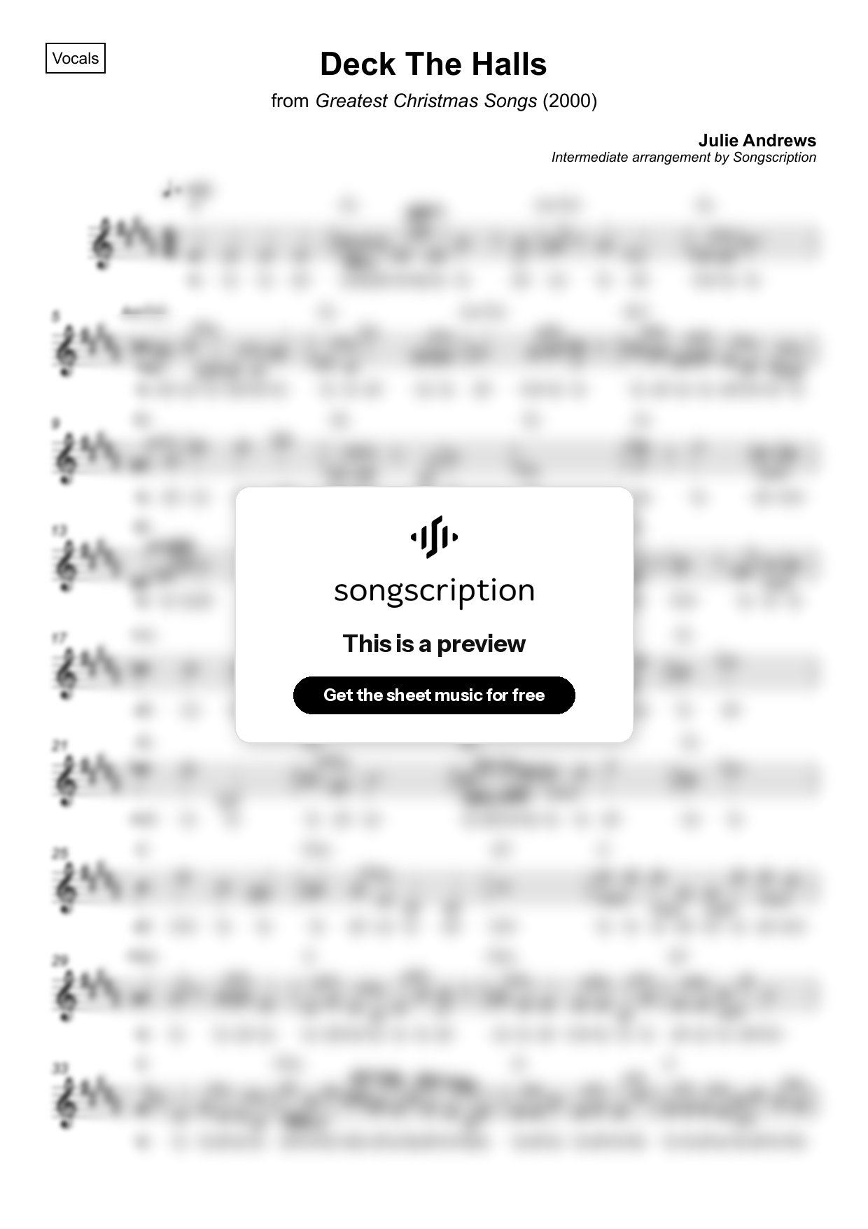 Intermediate Vocals Sheet Music for "Deck The Halls" by Julie Andrews