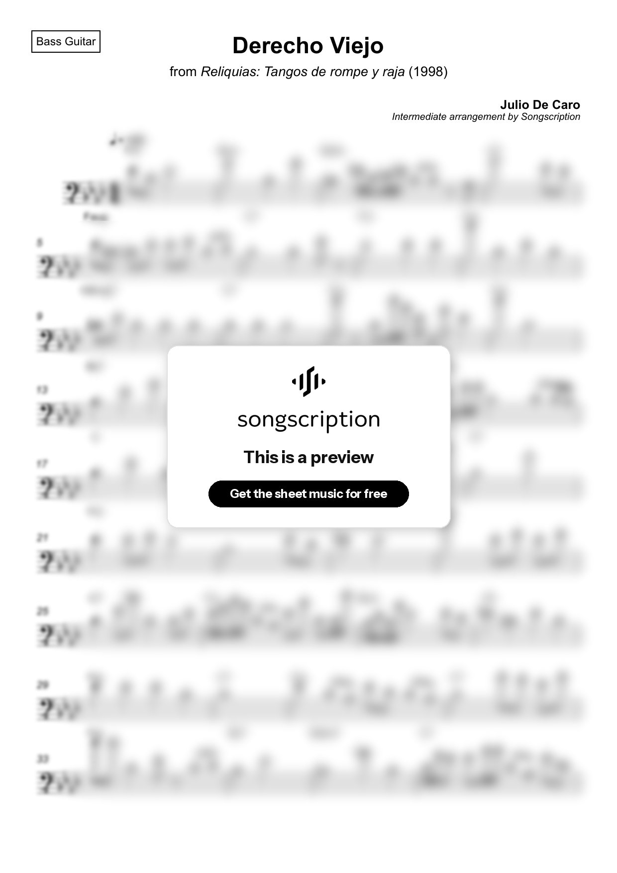Intermediate Bass Guitar Sheet Music for "Derecho Viejo" by Julio De Caro