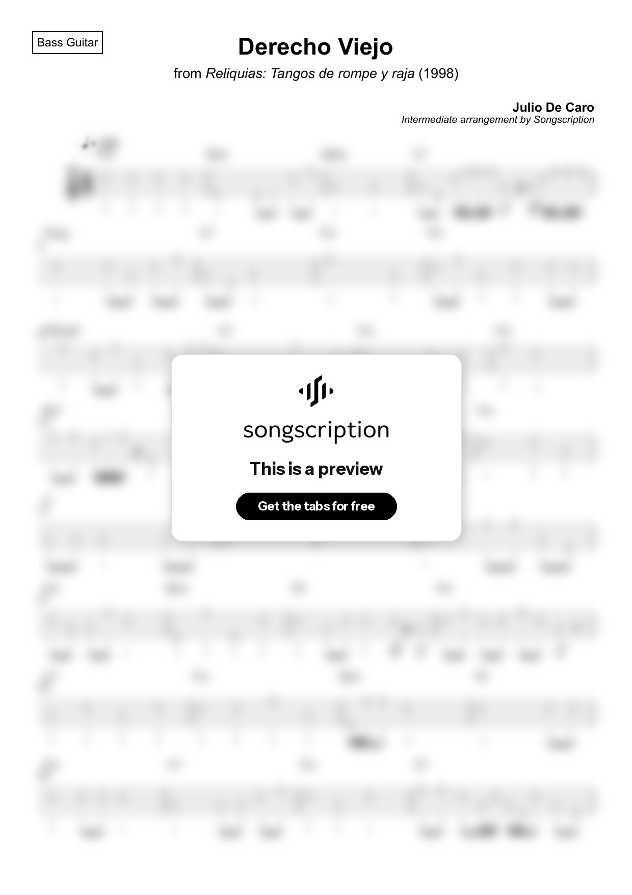 Intermediate Bass Guitar Tabs for "Derecho Viejo" by Julio De Caro