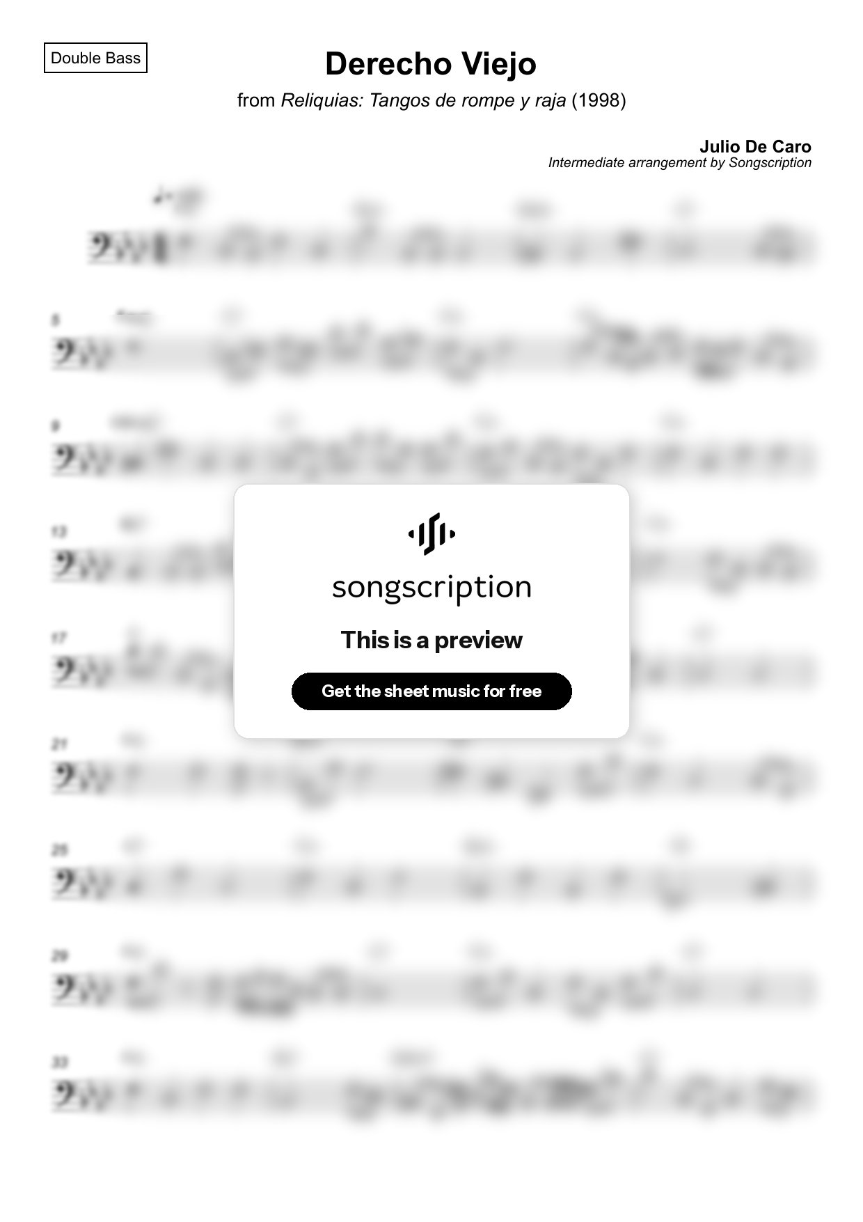 Intermediate Double Bass Sheet Music for "Derecho Viejo" by Julio De Caro