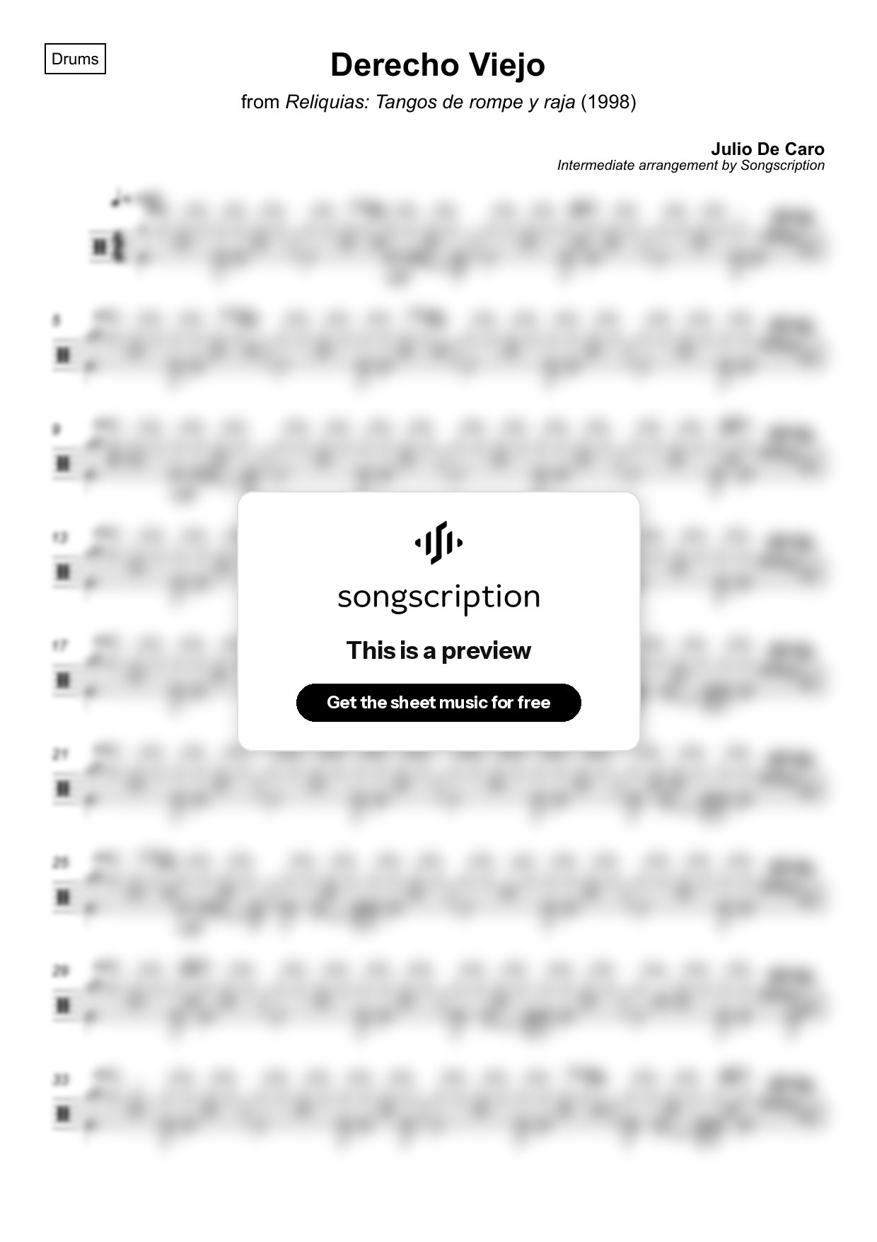 Intermediate Drums Sheet Music for "Derecho Viejo" by Julio De Caro