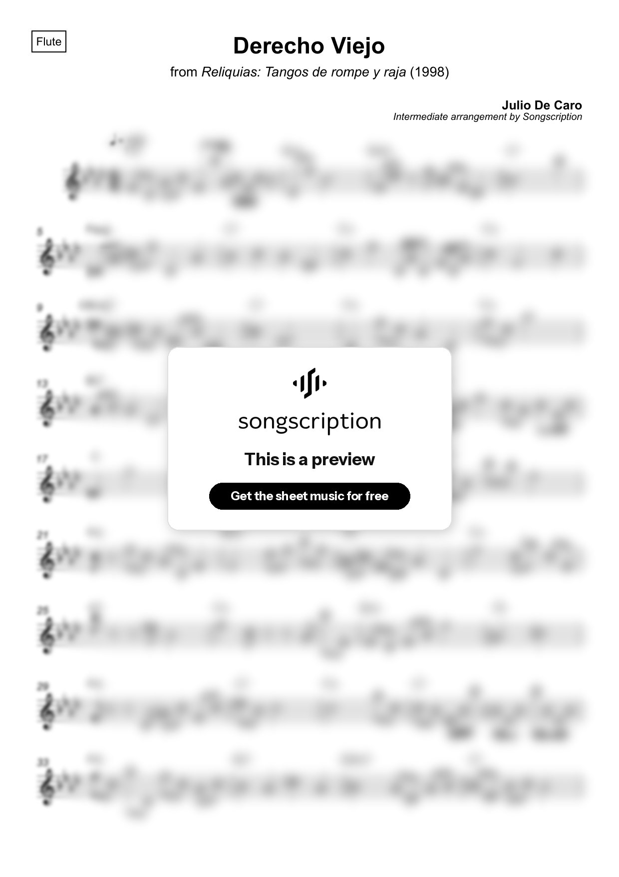 Intermediate Flute Sheet Music for "Derecho Viejo" by Julio De Caro