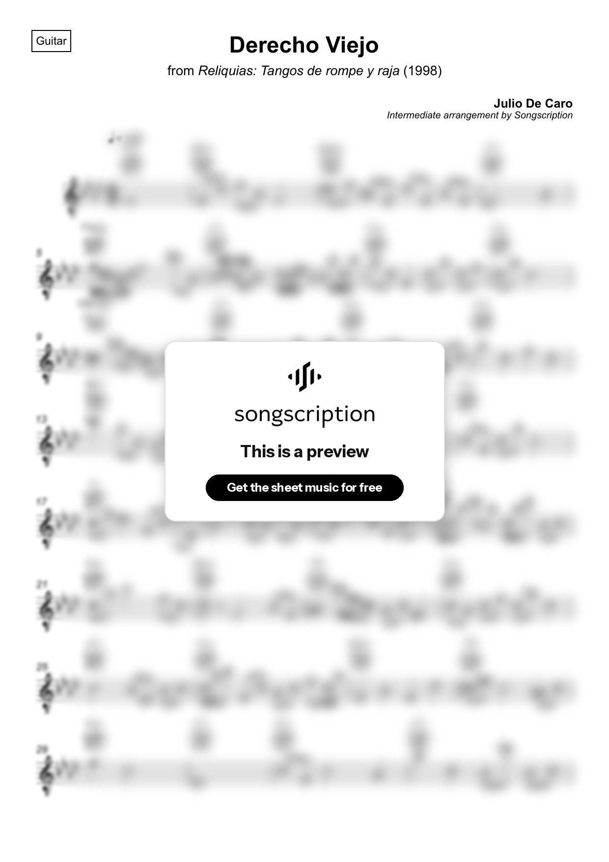 Intermediate Acoustic Guitar Sheet Music for "Derecho Viejo" by Julio De Caro