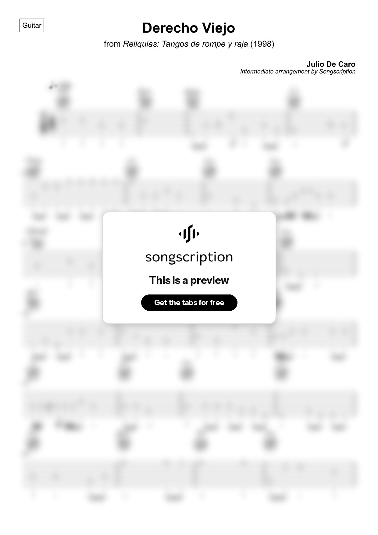 Intermediate Acoustic Guitar Tabs for "Derecho Viejo" by Julio De Caro