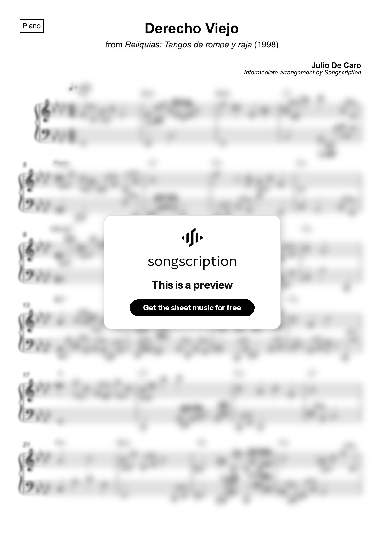 Intermediate Piano Sheet Music for "Derecho Viejo" by Julio De Caro