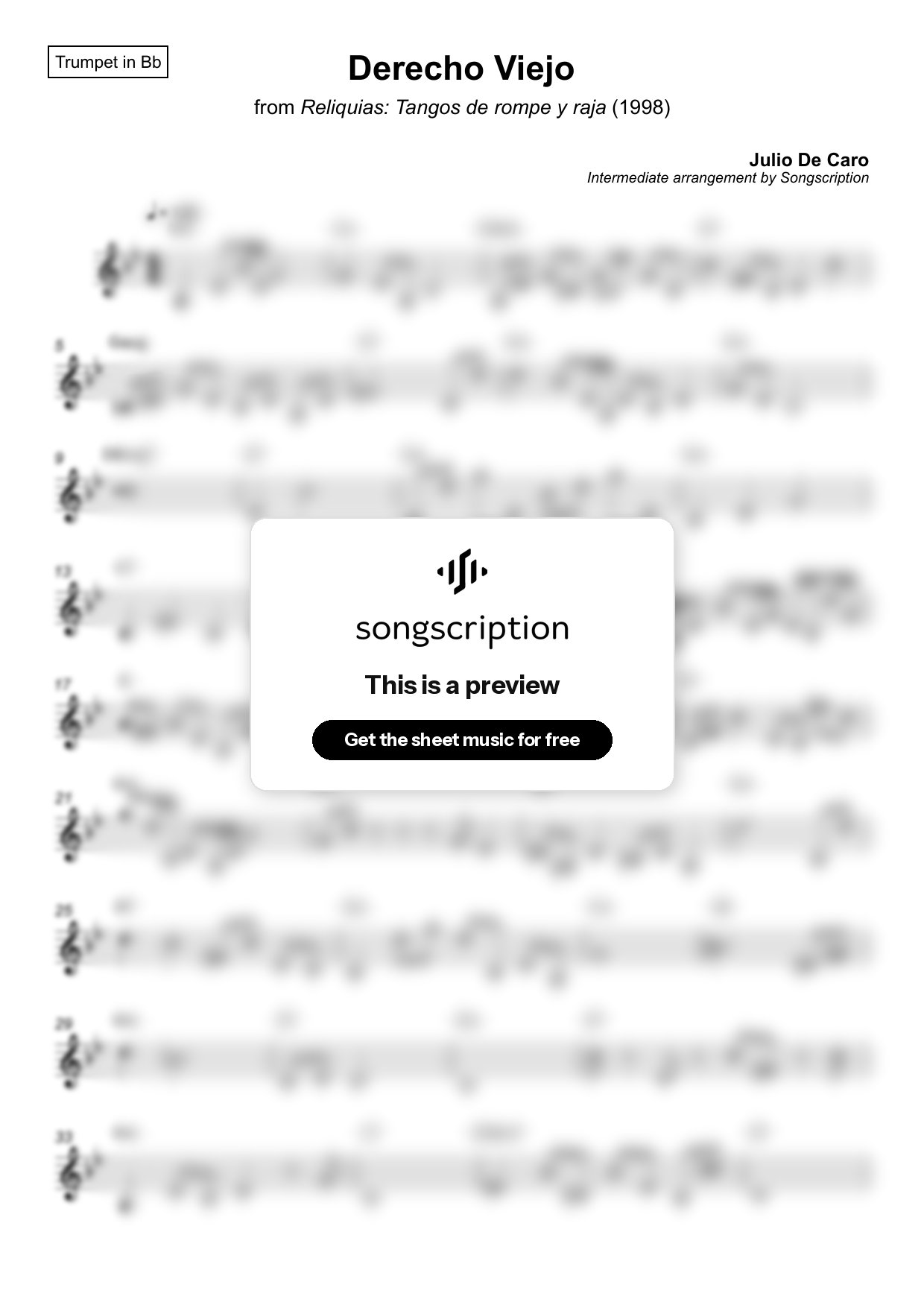 Intermediate Trumpet Sheet Music for "Derecho Viejo" by Julio De Caro
