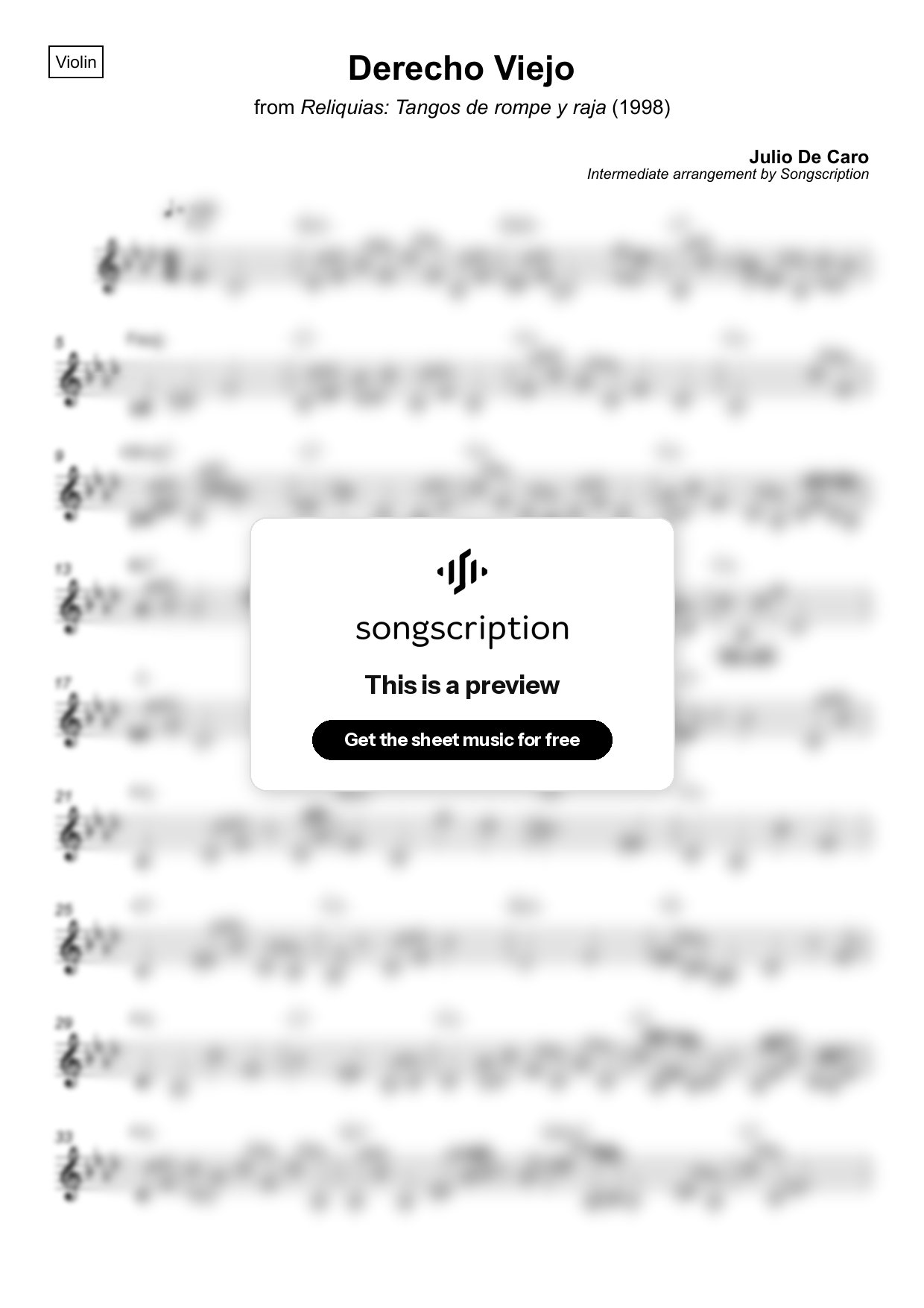 Intermediate Violin Sheet Music for "Derecho Viejo" by Julio De Caro