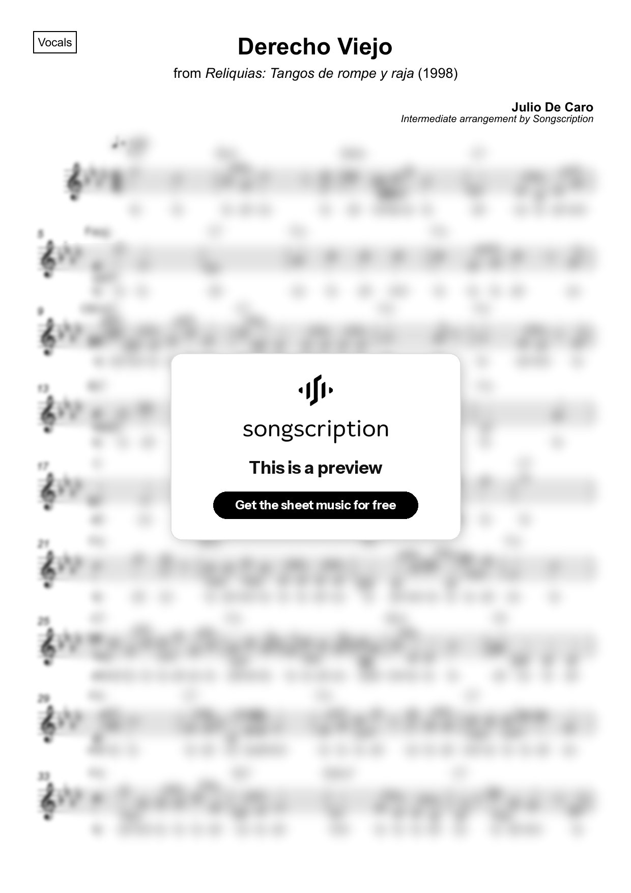 Intermediate Vocals Sheet Music for "Derecho Viejo" by Julio De Caro