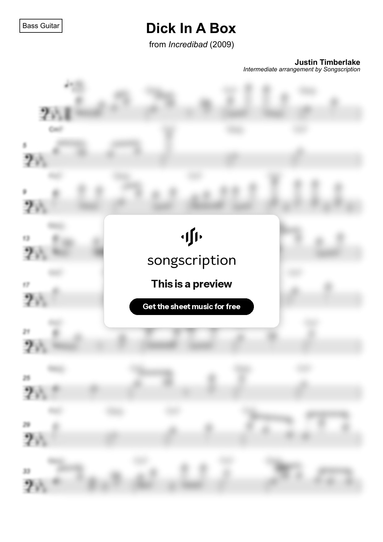 Intermediate Bass Guitar Sheet Music for "Dick In A Box" by Justin Timberlake