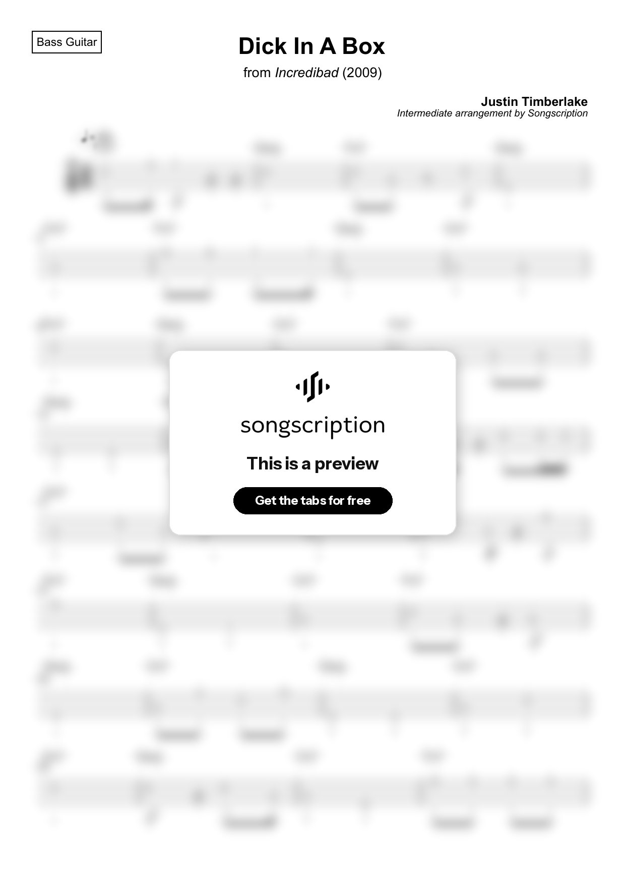 Intermediate Bass Guitar Tabs for "Dick In A Box" by Justin Timberlake