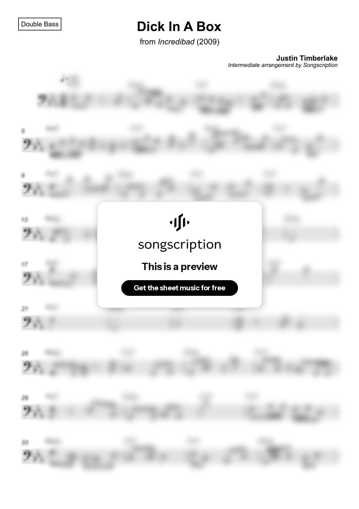Intermediate Double Bass Sheet Music for "Dick In A Box" by Justin Timberlake