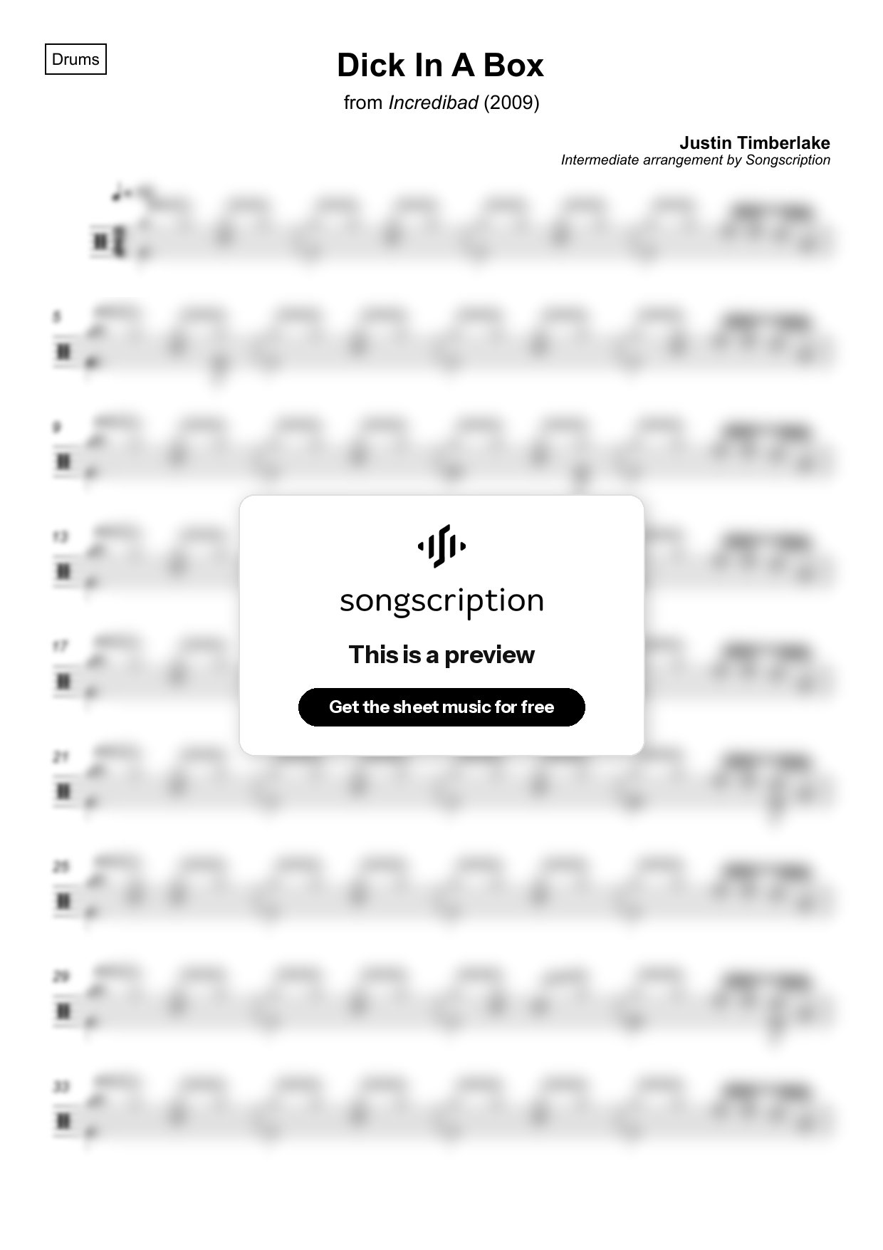Intermediate Drums Sheet Music for "Dick In A Box" by Justin Timberlake